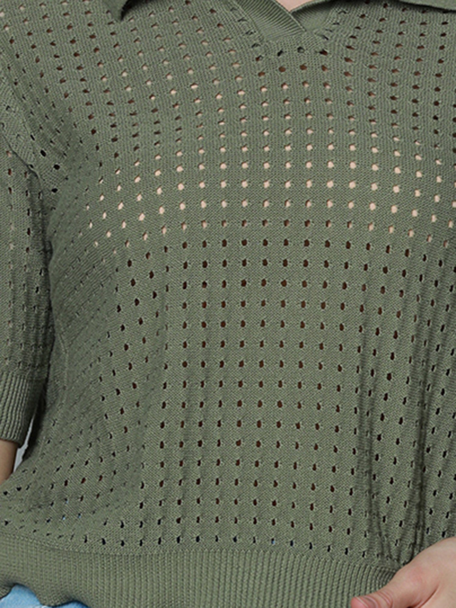 High Star Green Cotton Self Design Top