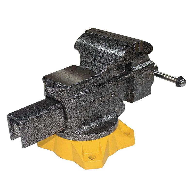 Olympia Tools 38 615 Powder Coated 5 Inch Powder Coated Steel Mechanic Bench Vise with Chrome Spindle and Handle, Yellow Base