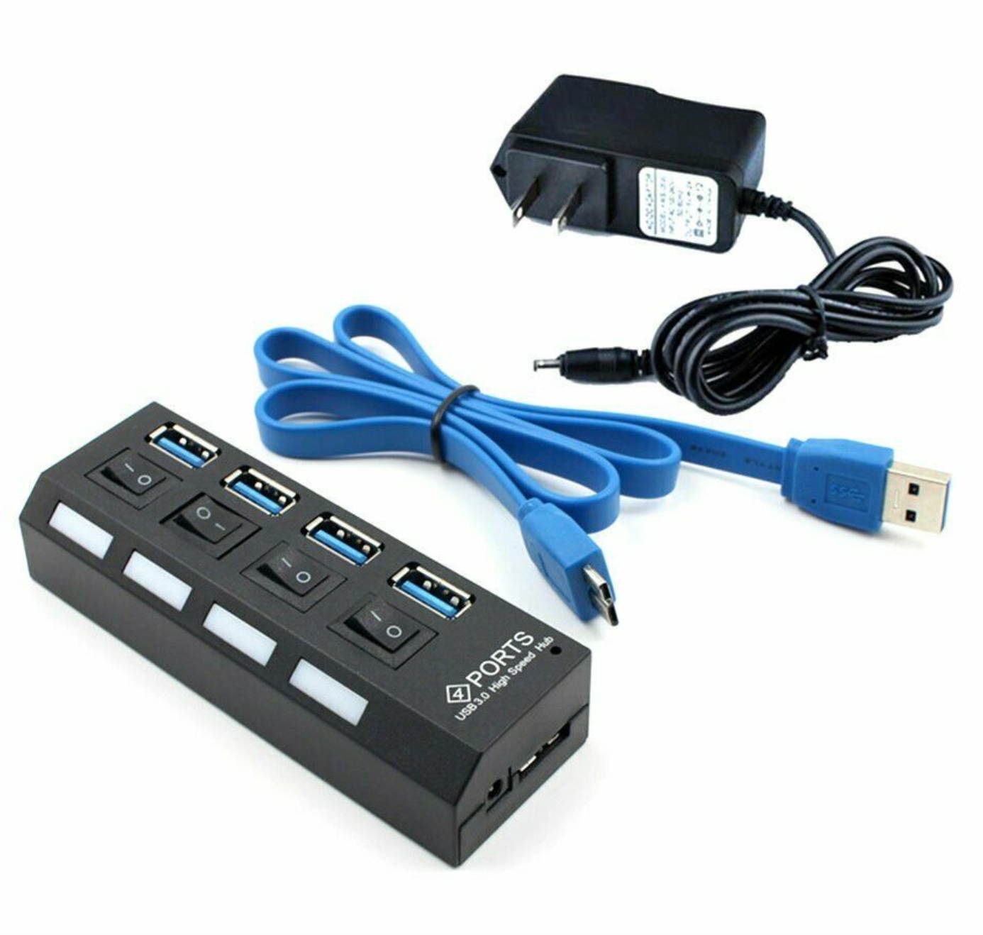 4 Ports Powered USB 3.0 Multi HUB Splitter Box External AC Adapter PC Laptop