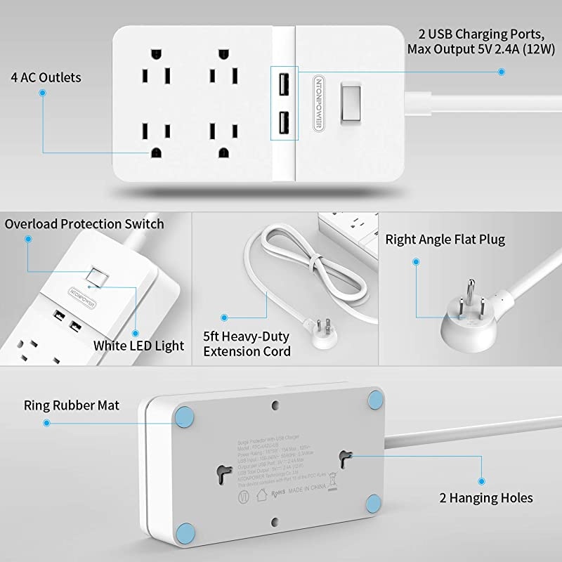 Flat Plug Power Strip with USB  Mountable Surge Protector Power Strip 4 Outlet 2 USB Desktop Charging Station 5ft Extension Cord ETL Listed 15A Circuit Breaker for Home Office White