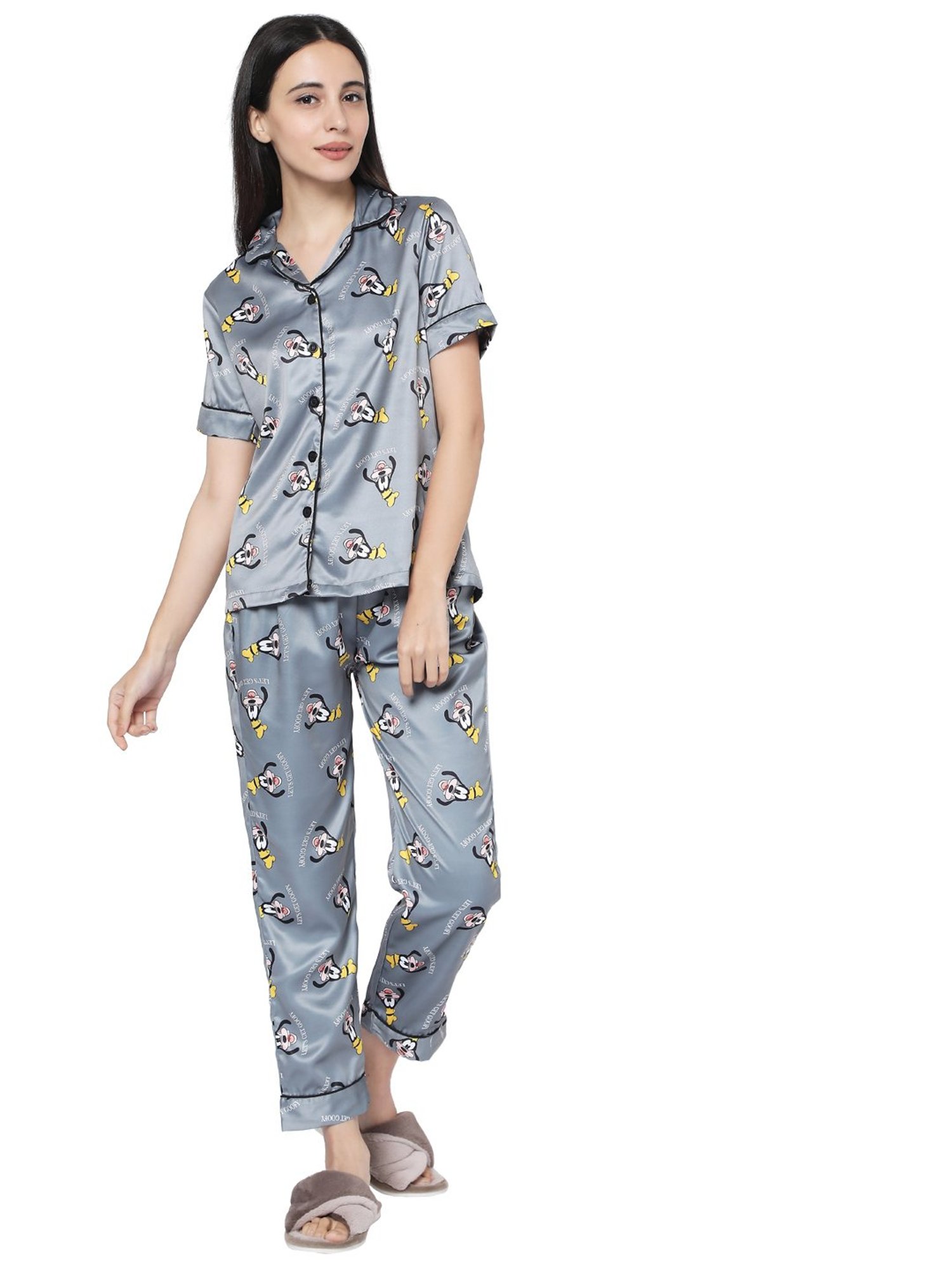 Smarty Pants Dark Grey Satin Print Shirt With Pyjamas