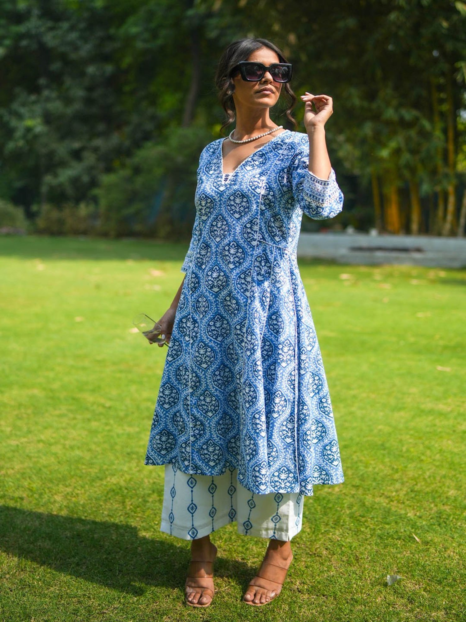 Akiso Blue Hand Block Printed Flared Kurta Set With Hand Embroidery Detail ( Set Of 2 )