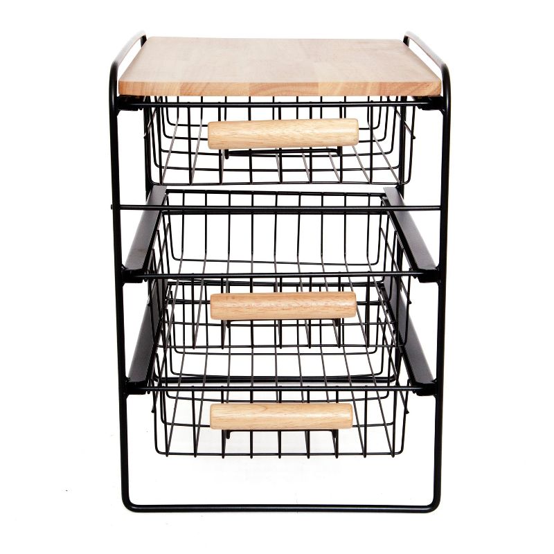 Origami Wood Top Steel Kitchen Organizer 3 Tier Basket Sliding Drawer, Black