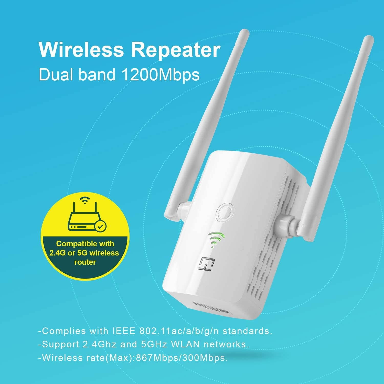 WiFi Range Extender 1200 Mbps 2.4 & 5GHz Dual Band NetworkWireless Signal Booster & Repeater With WPS Button for WiFi Internet Connection Easy Set UpCoverage Up to 3000 Sq Ft & 32 Devices