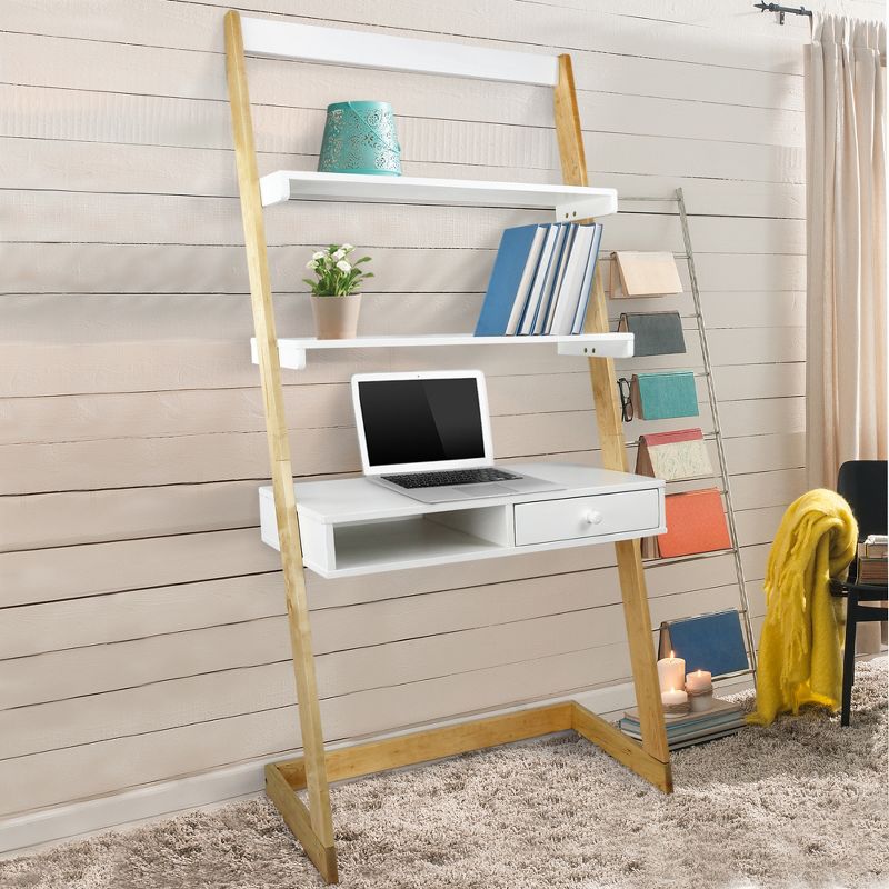 Freestanding Ladder Desk with Drawer Solid American Maple Frame Natural/White - Flora Home