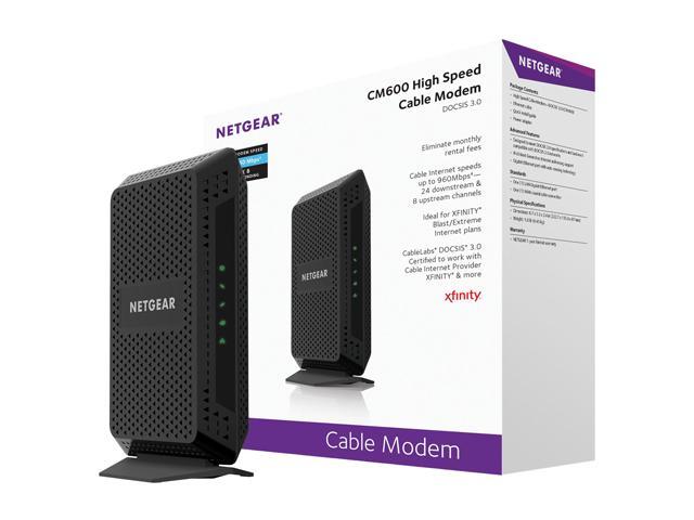 NETGEAR CM600 (24x8) DOCSIS 3.0 Cable Modem. Max Download speeds of 960Mbps. Certified for XFINITY by Comcast, Time Warner Cable, Cox, Charter & More (CM600)