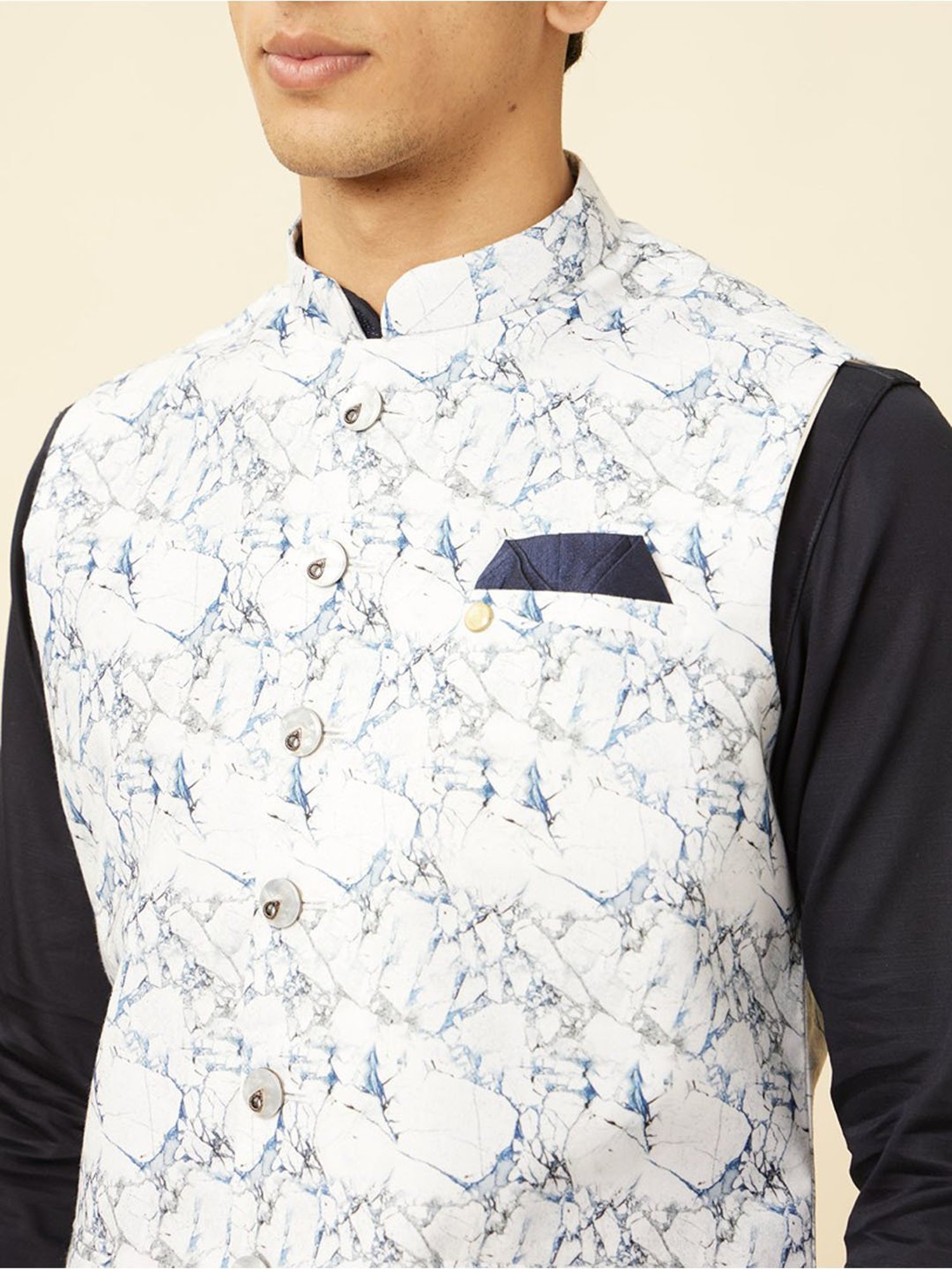 Manyavar White Regular Fit Printed Nehru Jacket