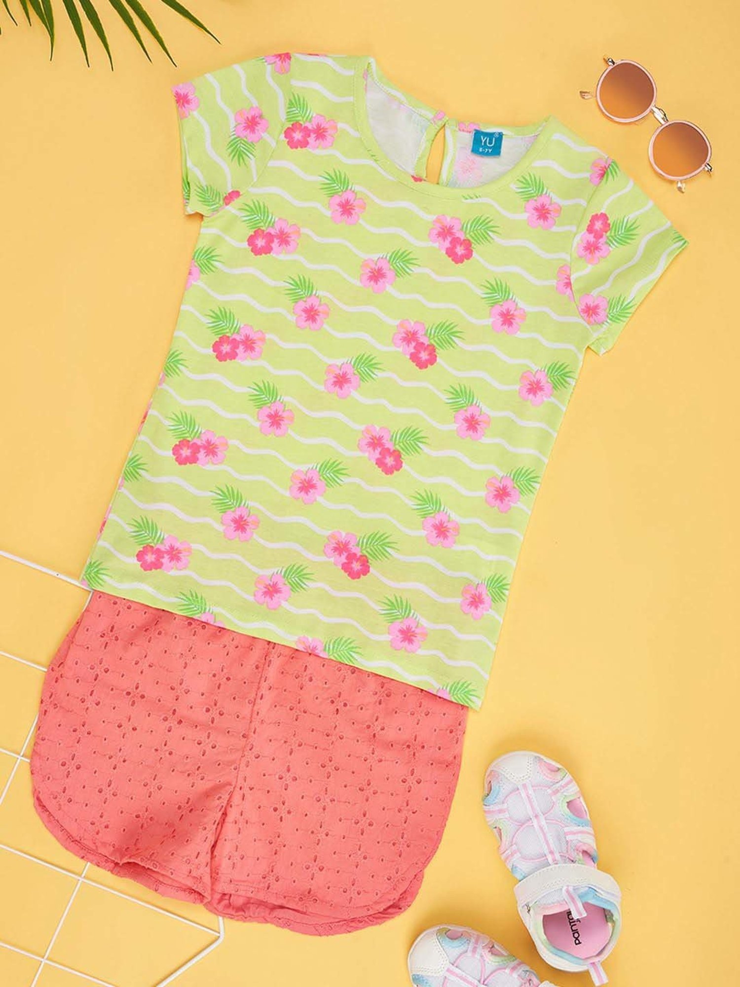 YU by Pantaloons Kids Green & Peach Cotton Floral Print T-Shirt Set