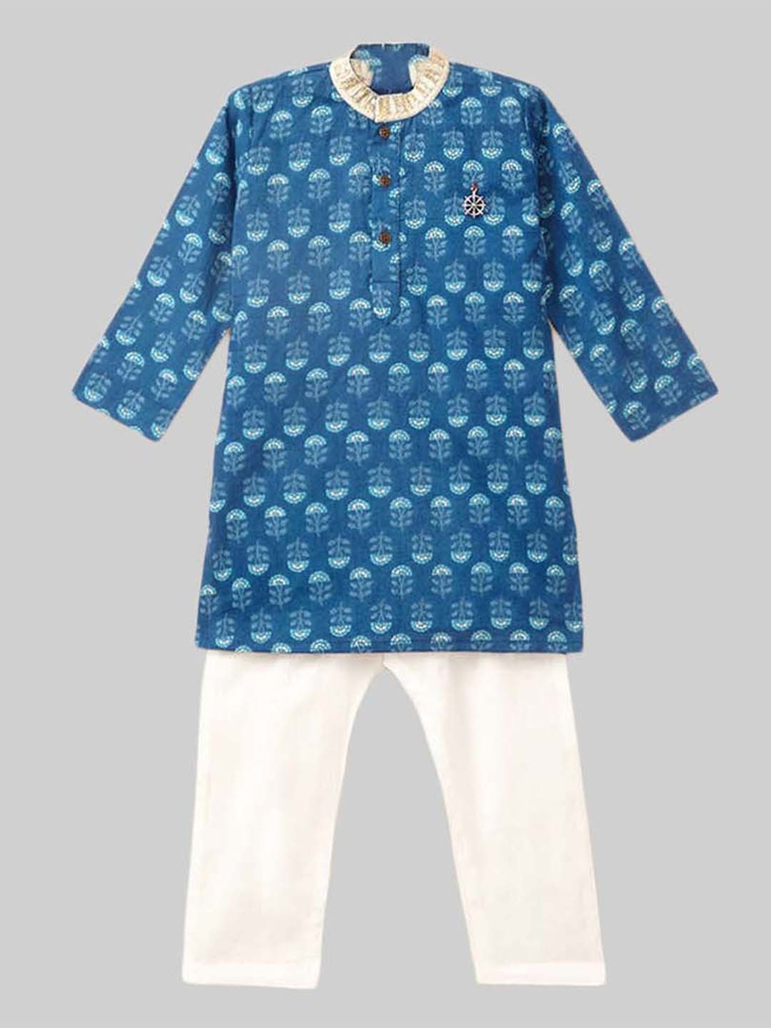 The Magic Wand Kids Blue & White Cotton Printed Full Sleeves Kurta Set