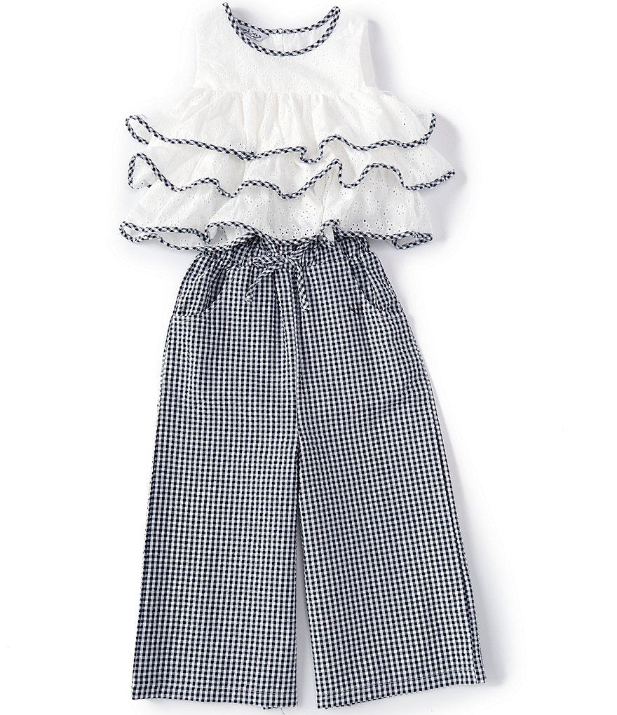 Pippa & Julie Little Girls 2T-6X Eyelet-Embroidered Tiered Tank Top & Checked Gaucho Pant Set