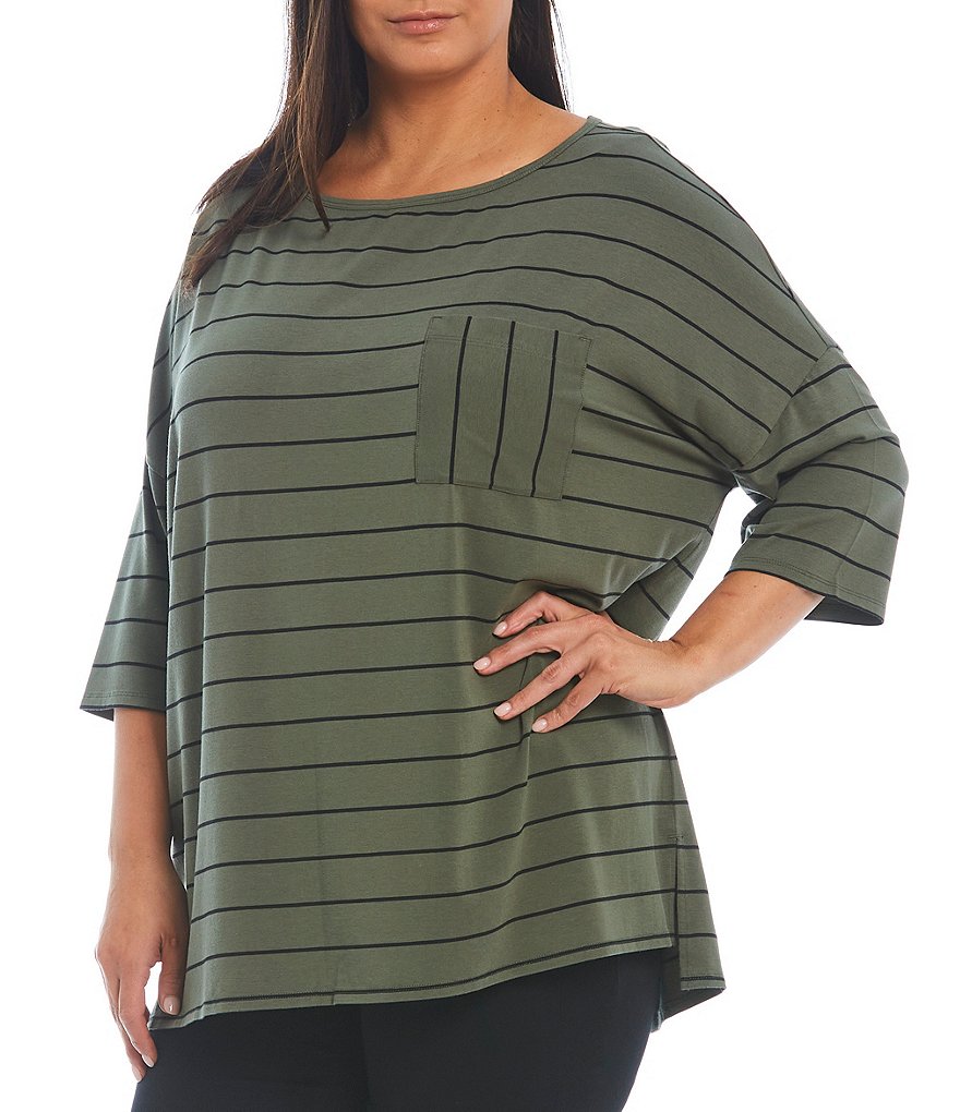 Westbound Plus Size Striped Round Neck 3/4 Sleeve 1 Pocket Tee