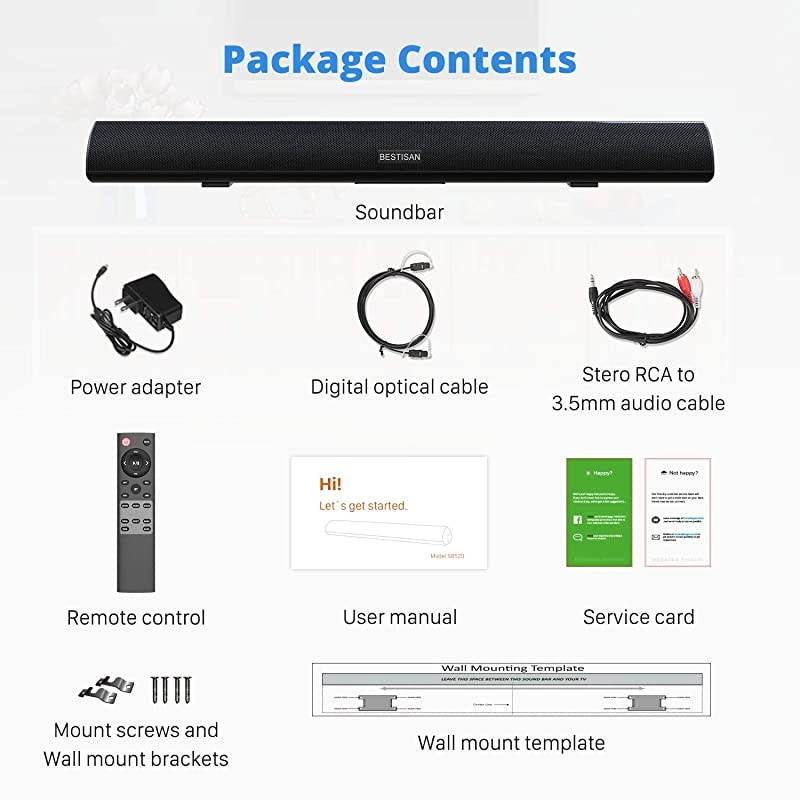 Watt Soundbar, BESTISAN Sound Bars for TV of Home Theater System (Bluetooth 5.0, 34 inch, DSP, Strong Bass, Wireless Wired Connections, Bass Adjustable, Wall Mountable)