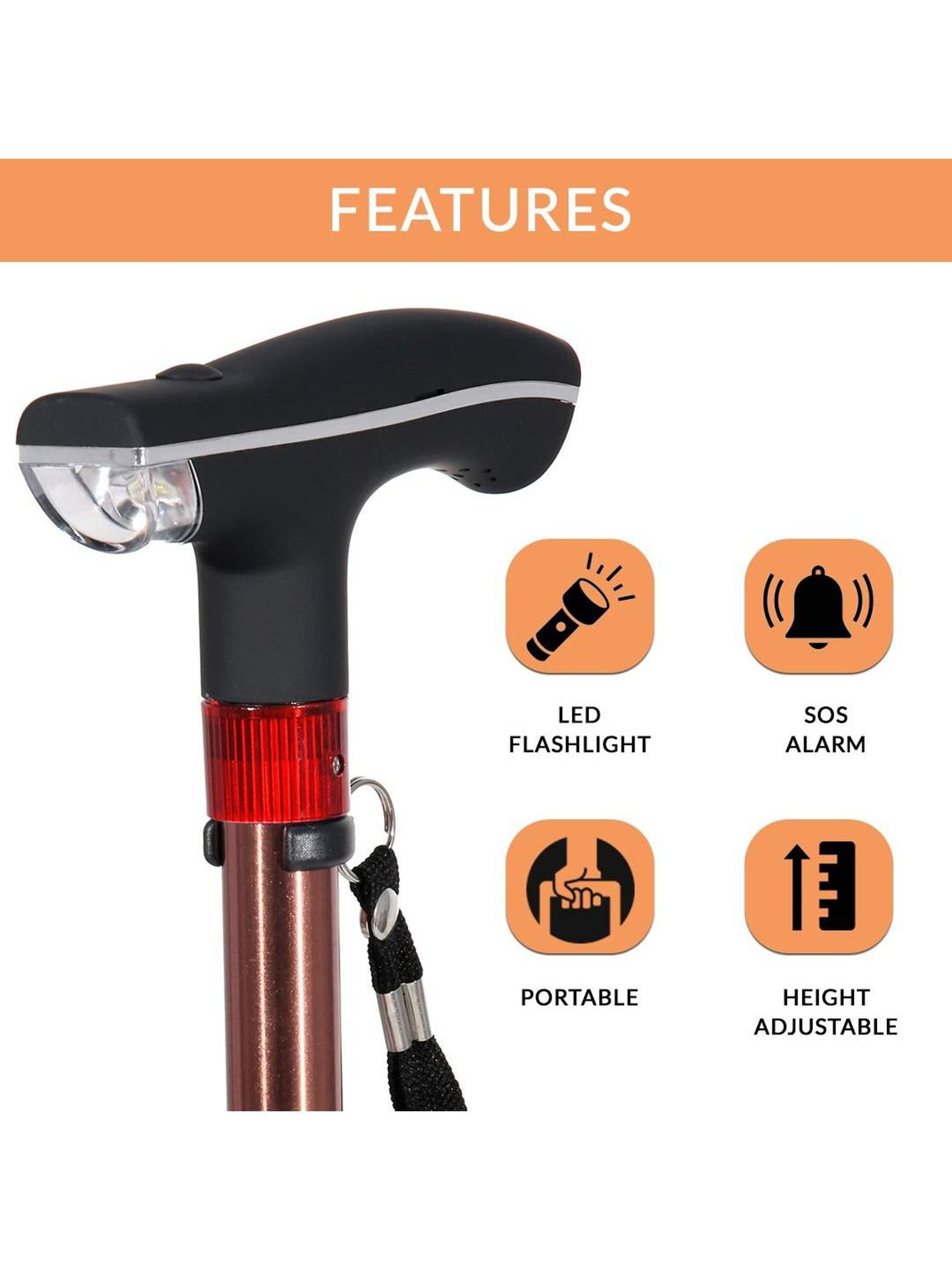MCP Smart Folding Adjustable Walking Stick with LED Torch SOS Alarm - Single Leg (Brown)
