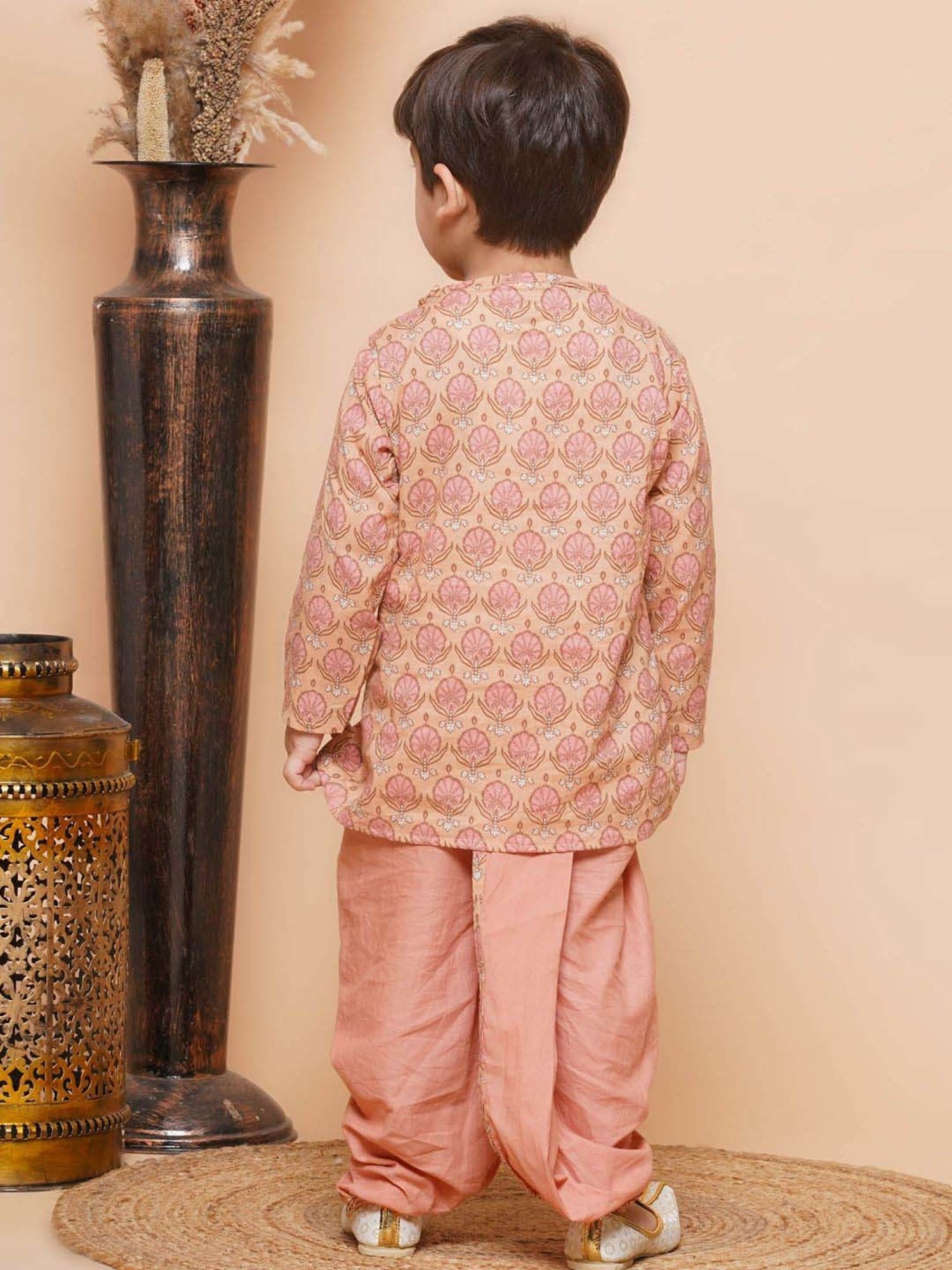 AJ Dezines Kids Peach Cotton Printed Full Sleeves Kurta Set