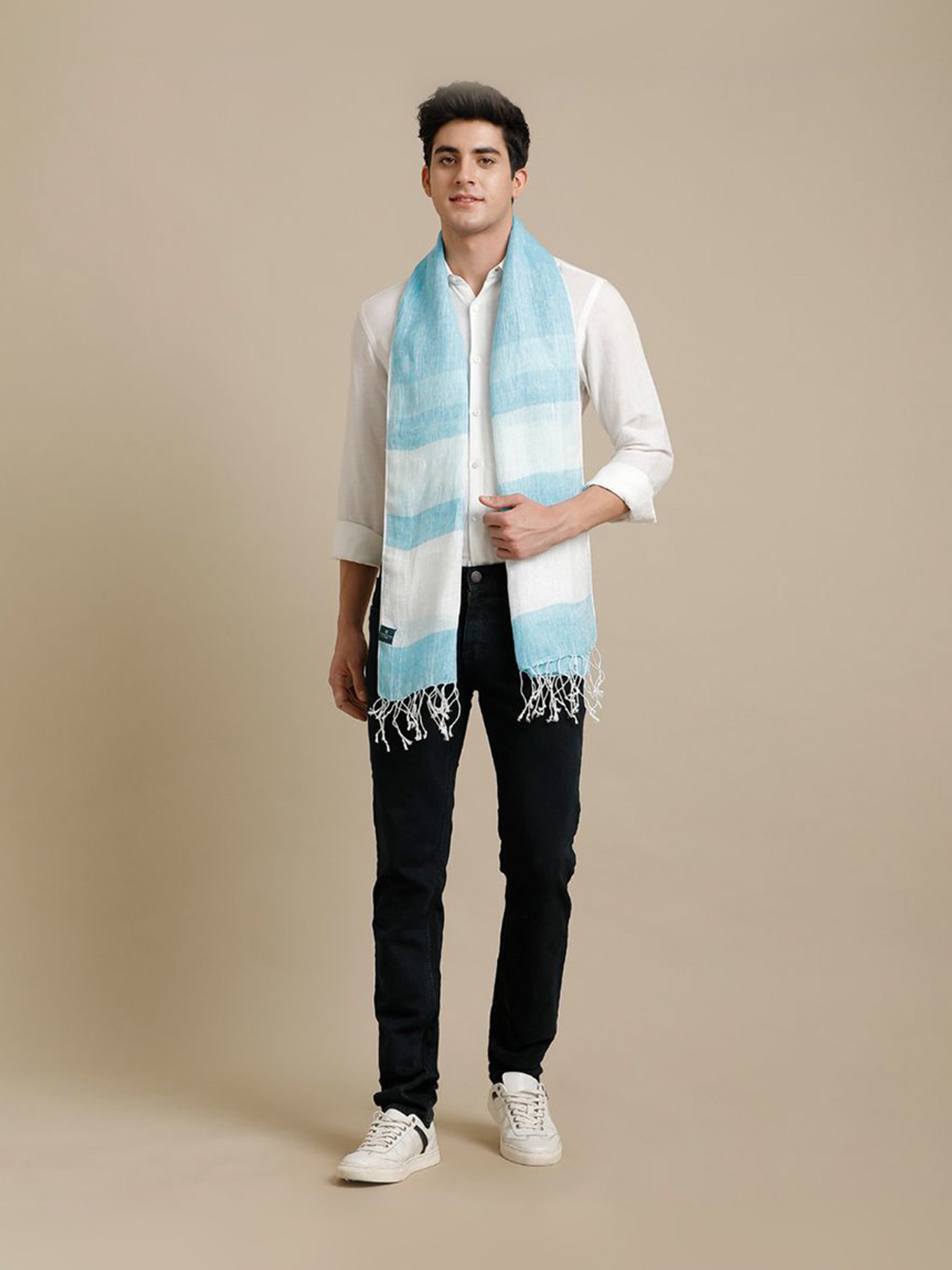 Linen Club Turquoise Blue Striped Pure Linen Stole