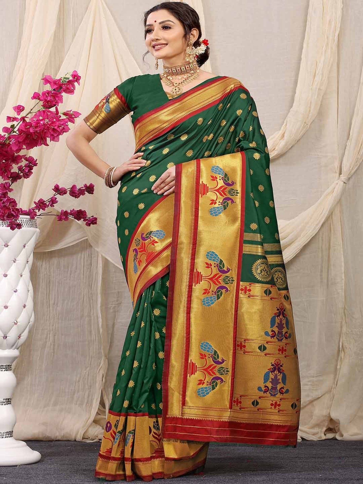 SHUBHKALA Green Silk Woven Saree With Unstitched Blouse