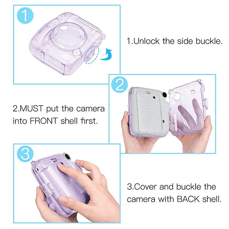Protective Clear Case for Fujifilm Instax Mini 11 Instant Film Camera Crystal Hard PVC Cover with Removable Rainbow Shoulder Strap Shining Purple