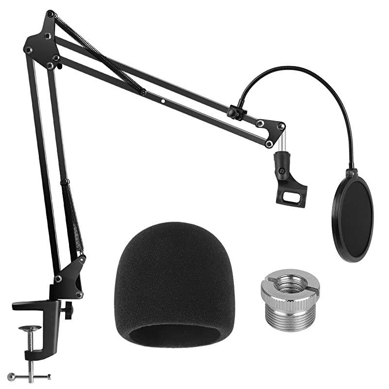 Heavy Duty Microphone Stand with Mic Microphone Windscreen and Dual Layered Mic Pop Filter Suspension Boom Scissor Arm Stands for Blue YetiBlue Spark and Other Mic