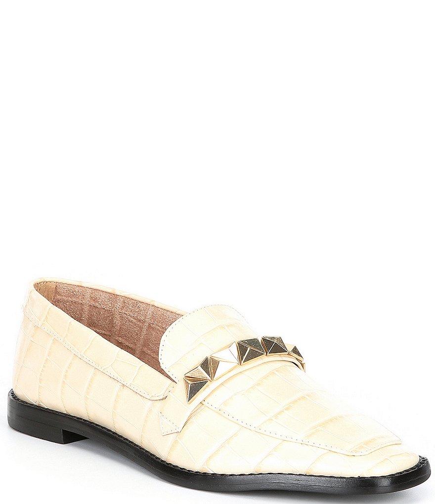 Schutz Pinky Croco Print Leather Studded Strap Loafers
