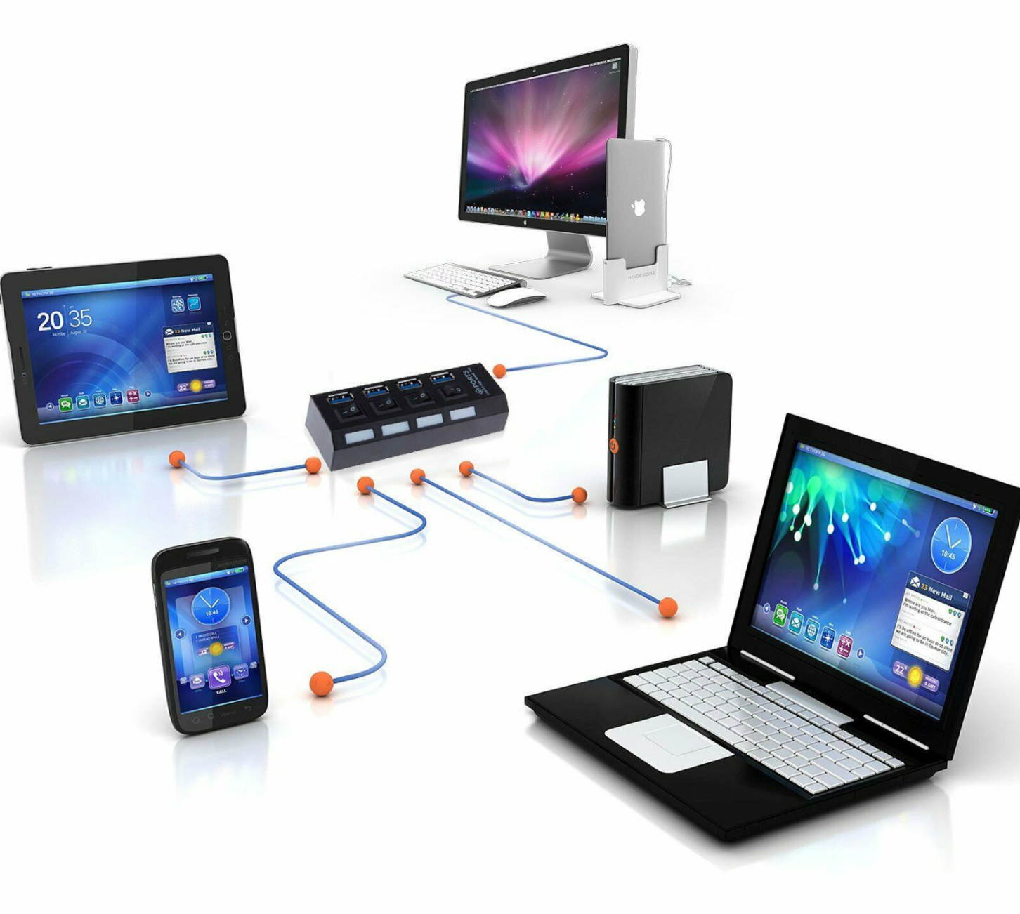 4 Ports Powered USB 3.0 Multi HUB Splitter Box External AC Adapter PC Laptop