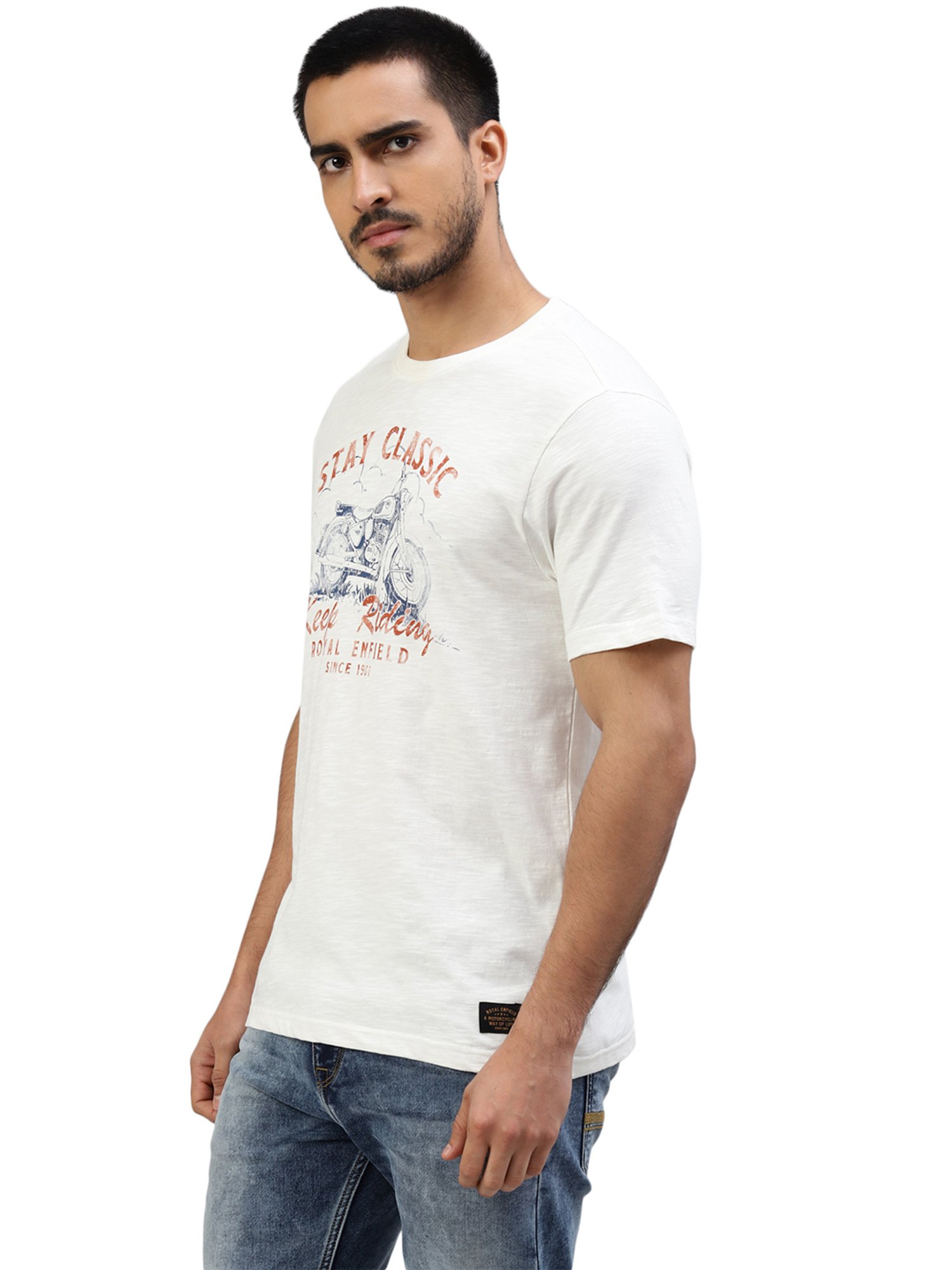 Royal Enfield Ride On White Regular Fit Printed Crew T-Shirt