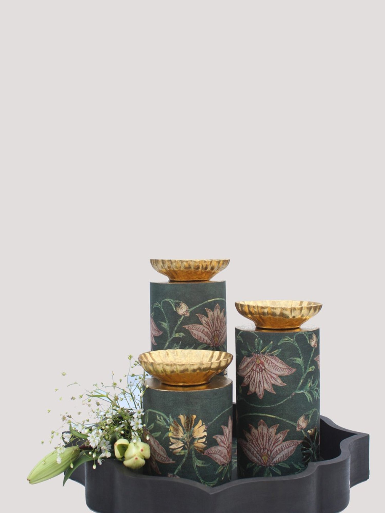 Karo Aafiya Printed Dark Green Wood Big Pillar Candle Holder