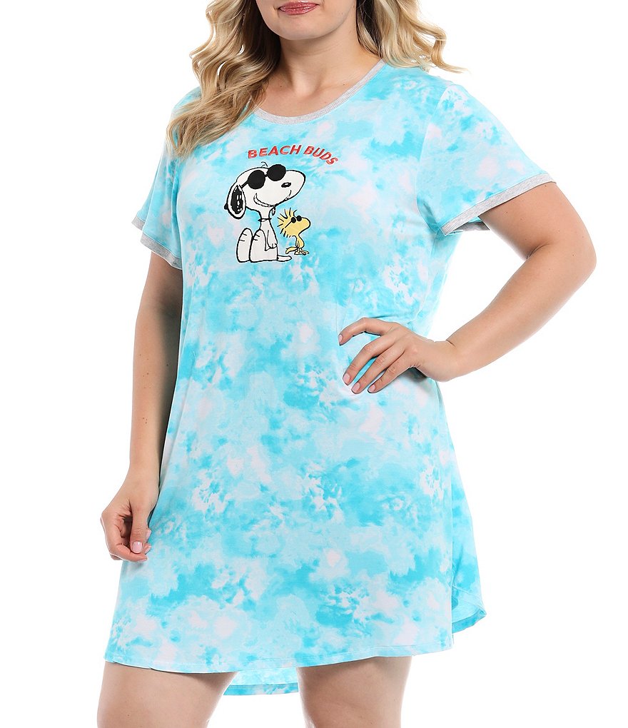 Peanuts Plus Size Tie-Dye Print Joe Pool & Woodstock #double;Beach Buds#double; Screen Print Jersey Knit Sleepshirt