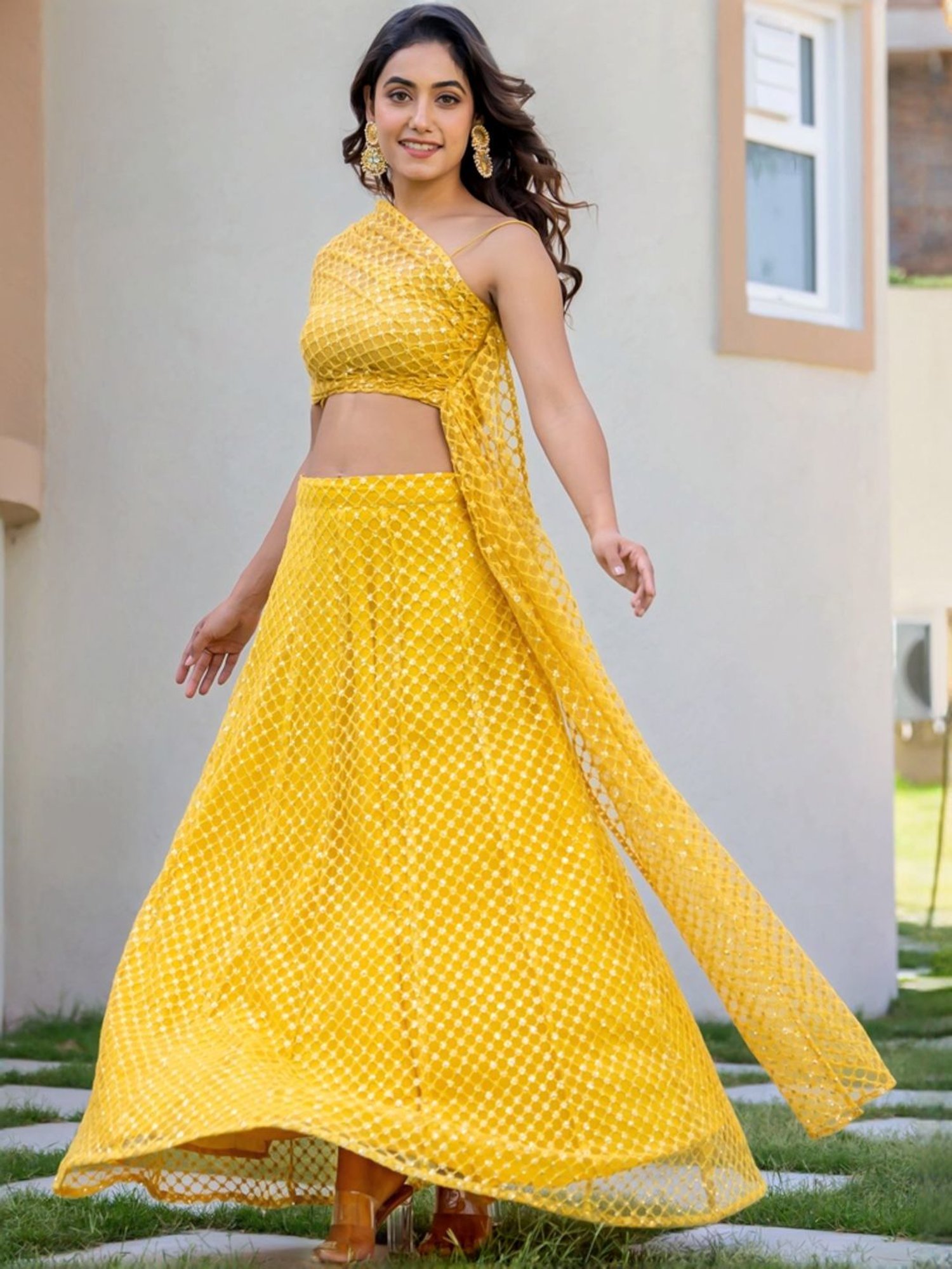 HOUSE OF JAMOTI Yellow Embellished Crop Top Skirt Set