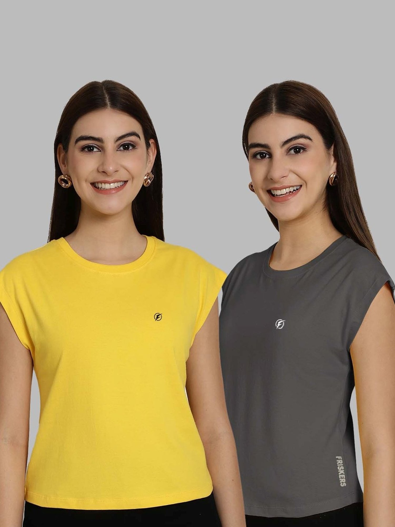 Friskers Yellow & Grey Slim Fit Sports T-Shirts - Pack Of 2