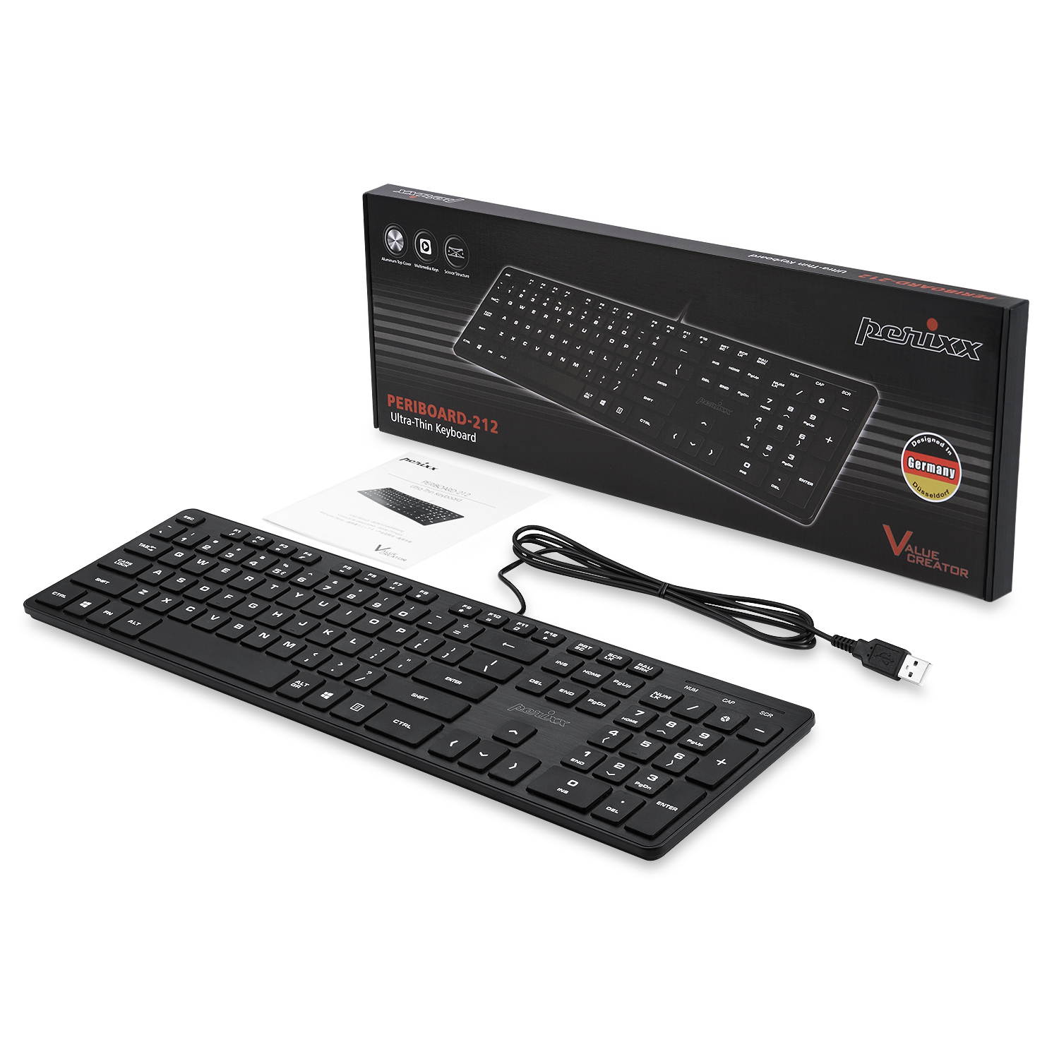 Perixx PERIBOARD-212 Wired USB Slim Standard Keyboard, Silent Scissor Key Basic Design Keyboard, Aluminum Black, Full US Layout