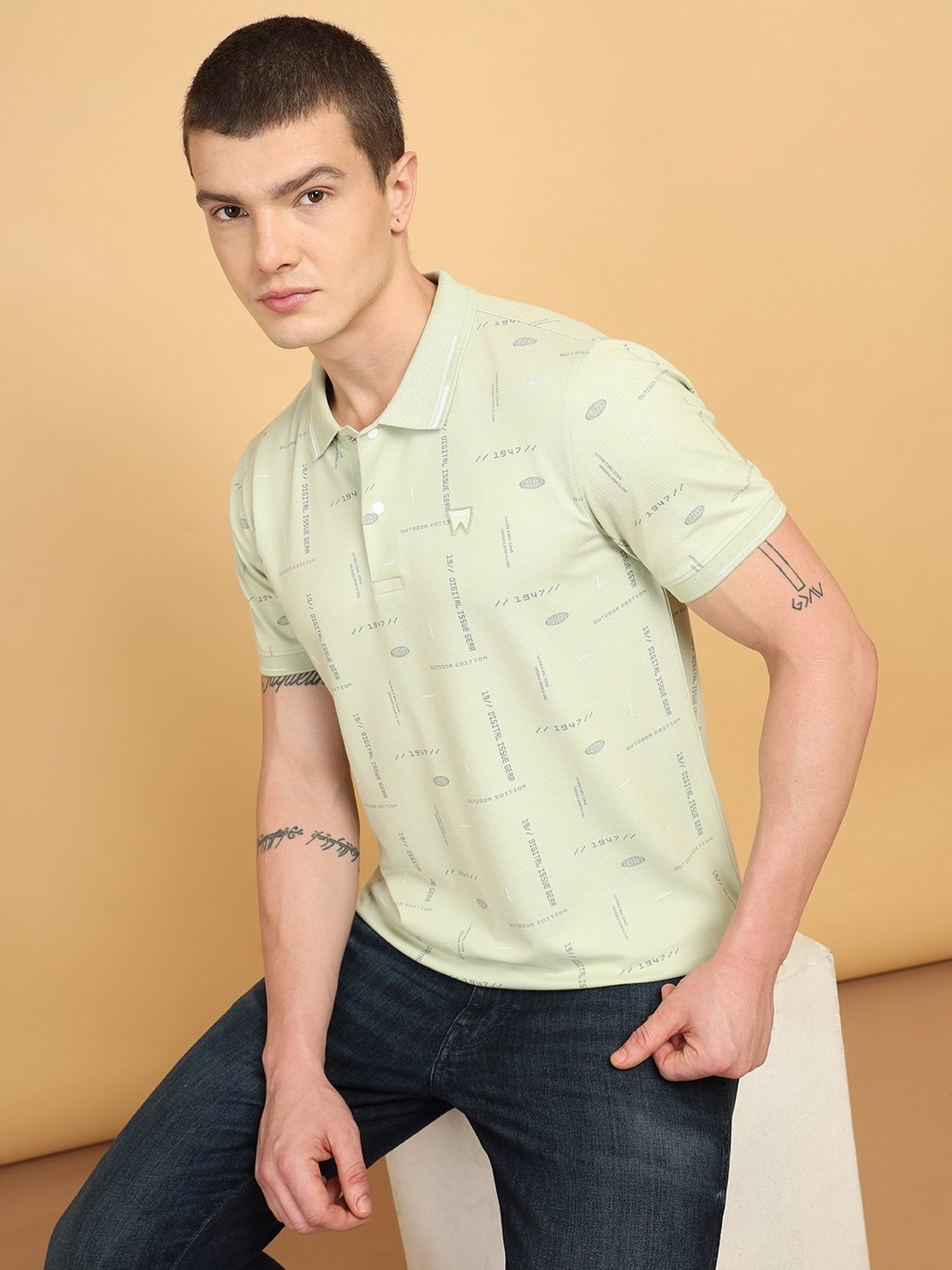 Wrangler Light Green Regular Fit Printed Polo T-Shirt