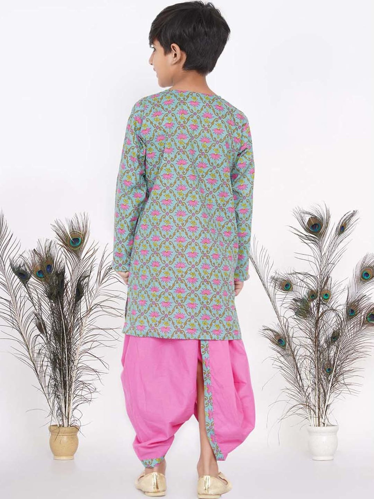 Little Bansi Kids Green & Pink Cotton Floral Print Kurta Set