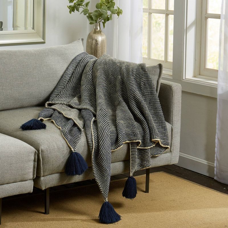 50"x60" Solid Throw Blanket with Pom-Poms Navy/Natural - Patina Vie