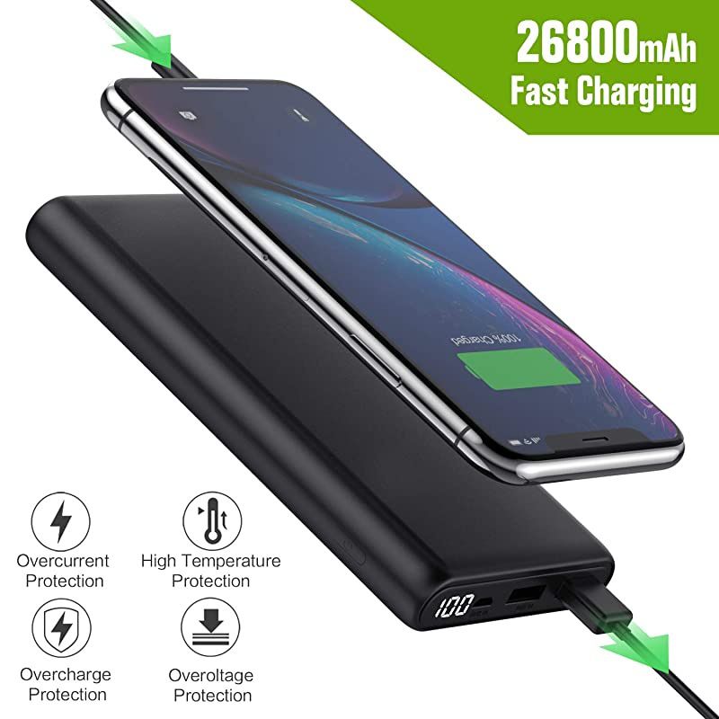 Charger 26800mAh LCD Digital Display Power Bank Huge Capacity External Battery Pack 2 Output Port Cell Phone Charger for iPhone Samsung Galaxy Android PhoneTablet etc