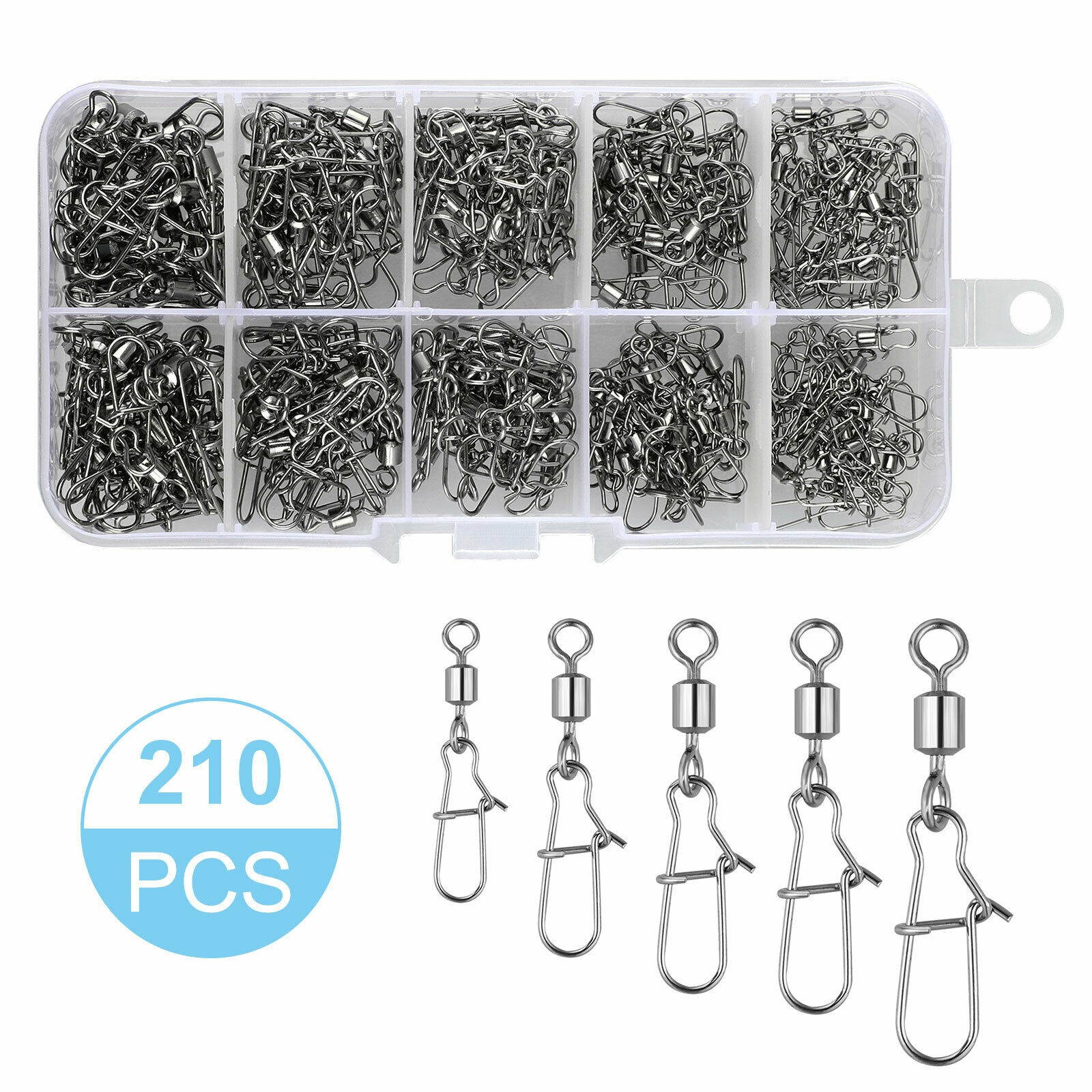 210Pcs Snap Swivels Ball Bearing Fishing Connector With Coastlock #2 #4 #5 #6 #8