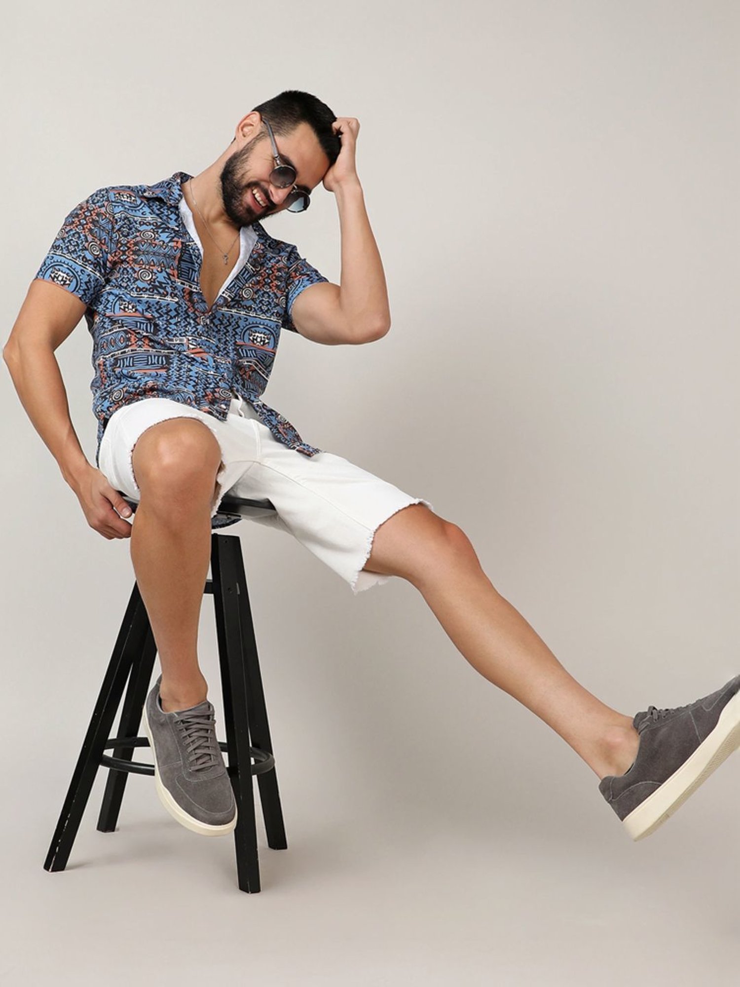 Campus Sutra Blue Regular Fit Printed Shirt