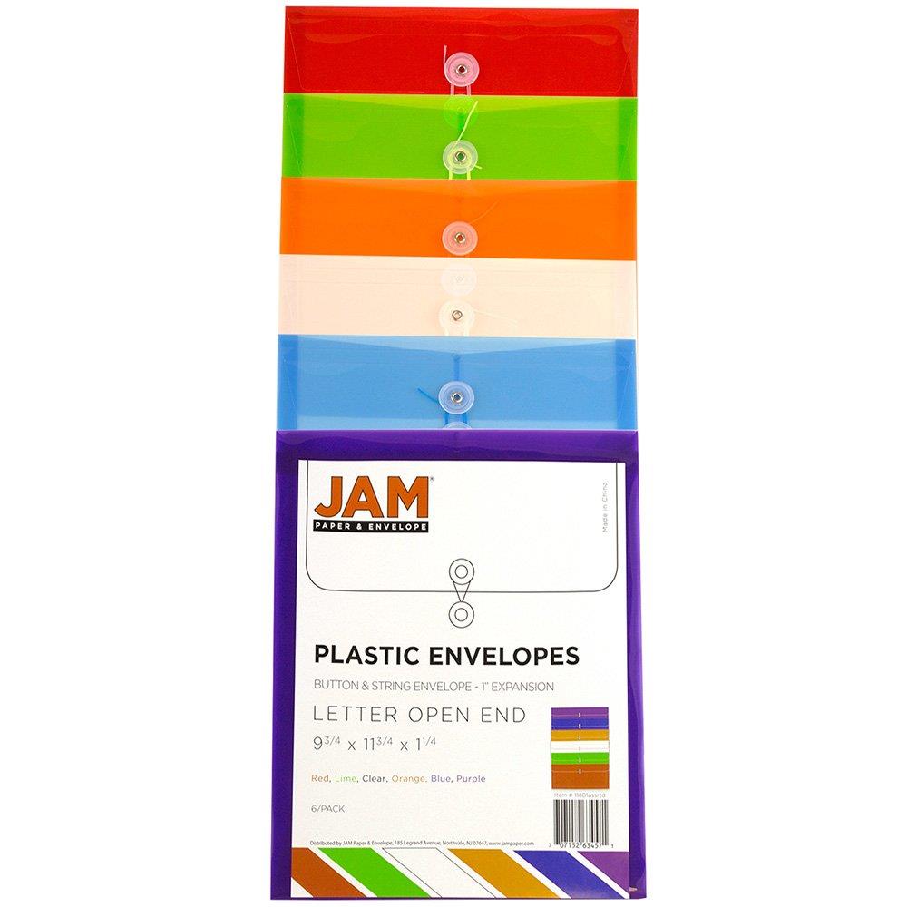 JAM PAPER Plastic Envelopes with Button & String Tie Closure - Letter Open End - 9 3/4 x 11 3/4 - Assorted Colors - 6/Pack