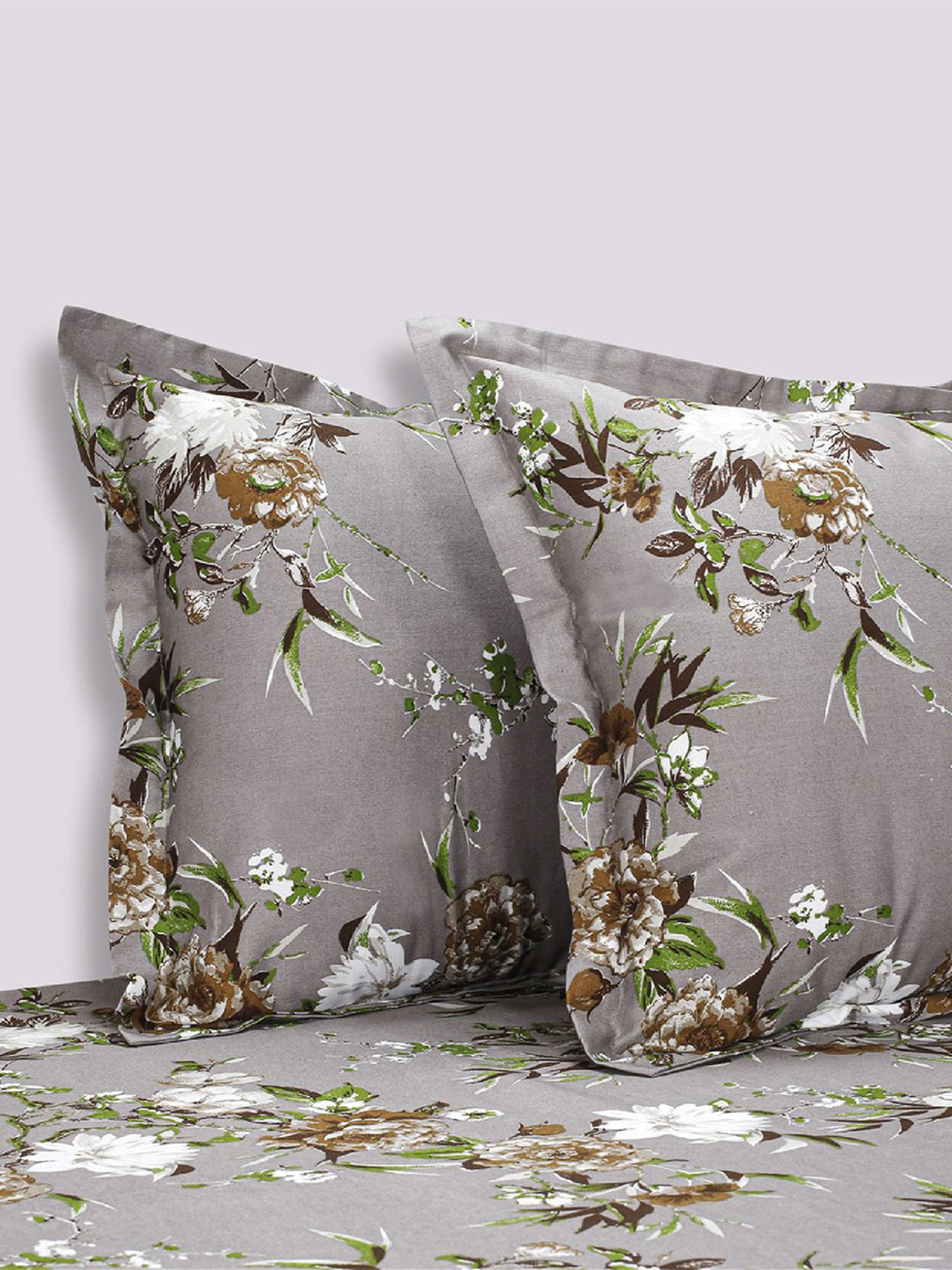 Swayam Zinnia Floral Grey 210 TC Cotton King Bedsheet with 2 Pillow Covers