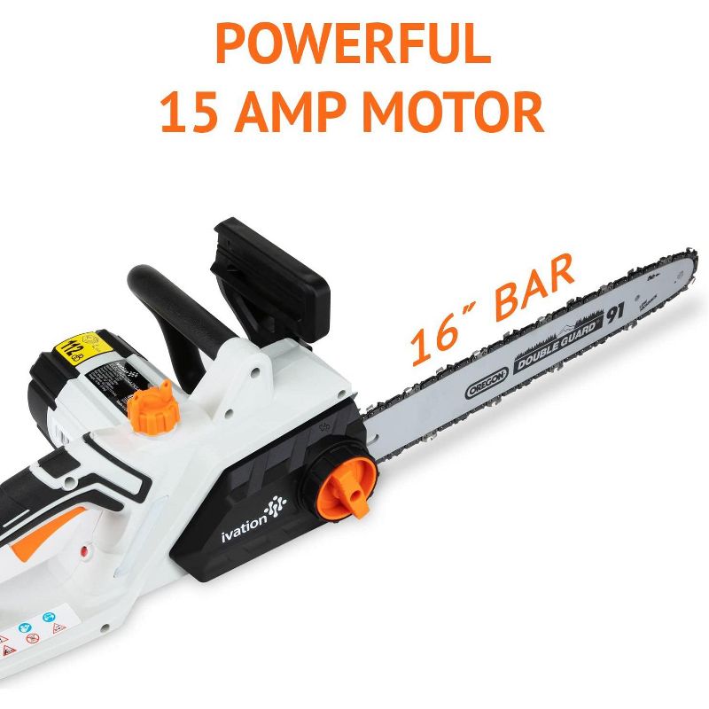 Ivation 16 in. 15.0 AMP Electric Chainsaw with Auto Oiling, Auto Tension and Chain Break, Corded, Powerful Oregon Chain