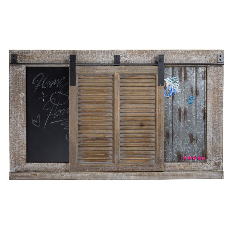 23.8" x 39.5" x 2" Wood and Metal Chalkboard Magnet Message and Memo Board With Sliding Barn Door Brown - American Art Decor