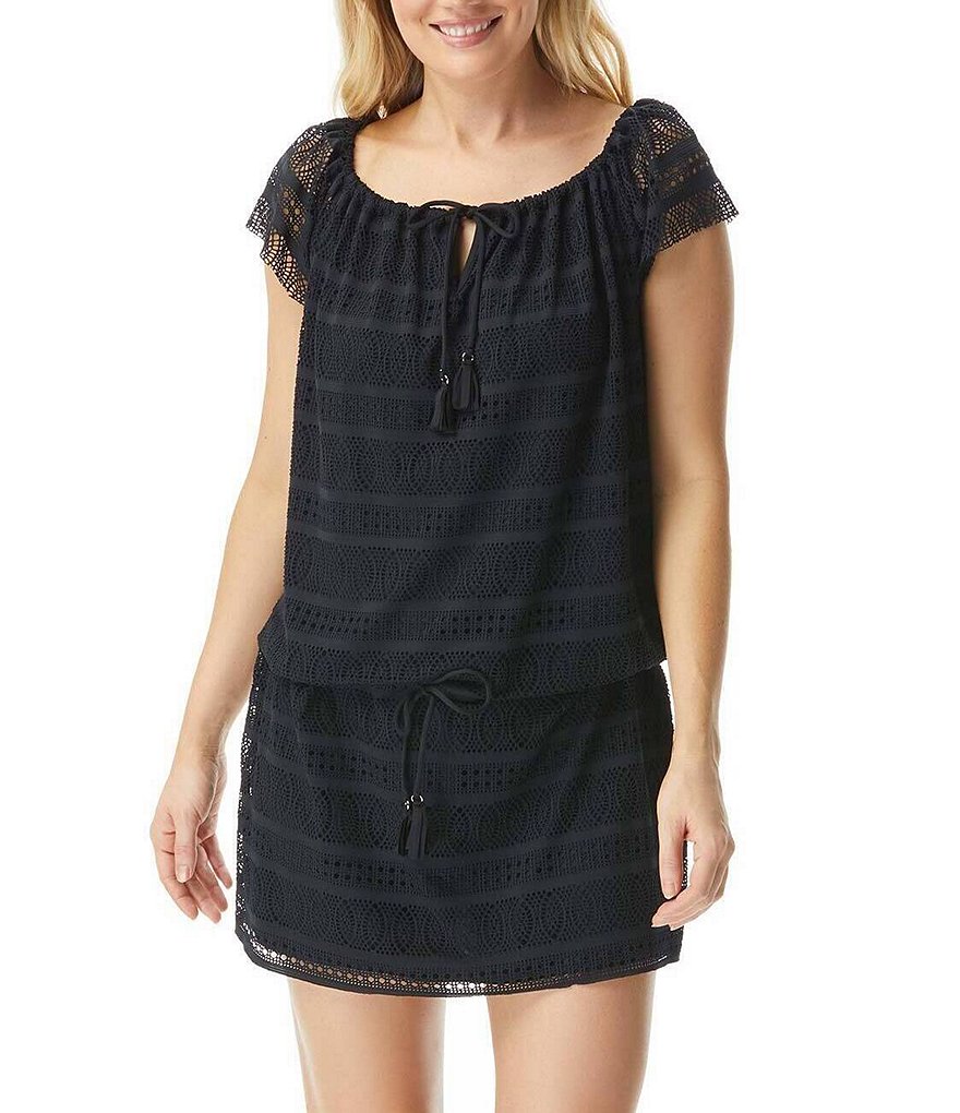 Tommy Bahama Midnight Orchid Tropical Print Scoop Neck Ruffle Hem Spa Dress