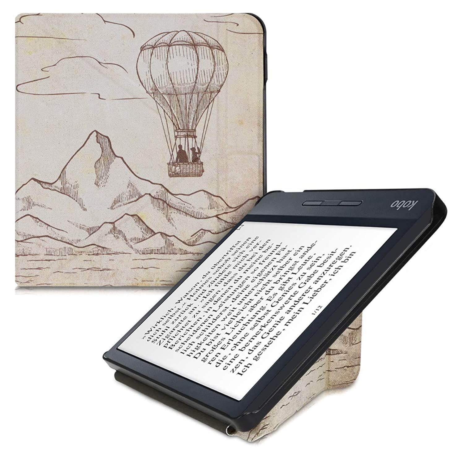 kwmobile Origami Case Compatible with Kobo Libra H2O - Slim Premium PU Leather Cover with Stand - Hot Air Balloon Dark Brown/Beige