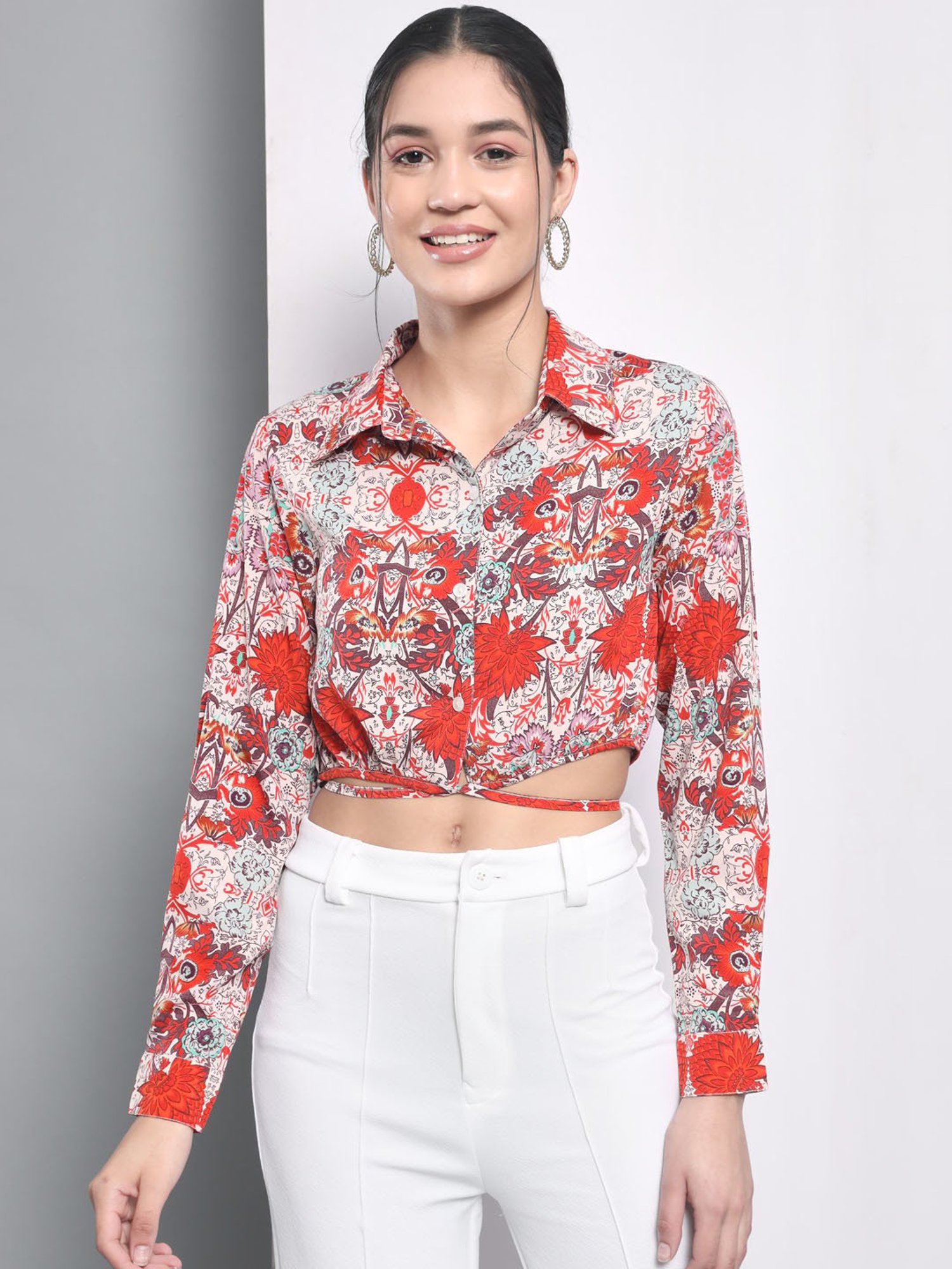 Trend Arrest Multicolor Floral Print Crop Shirt
