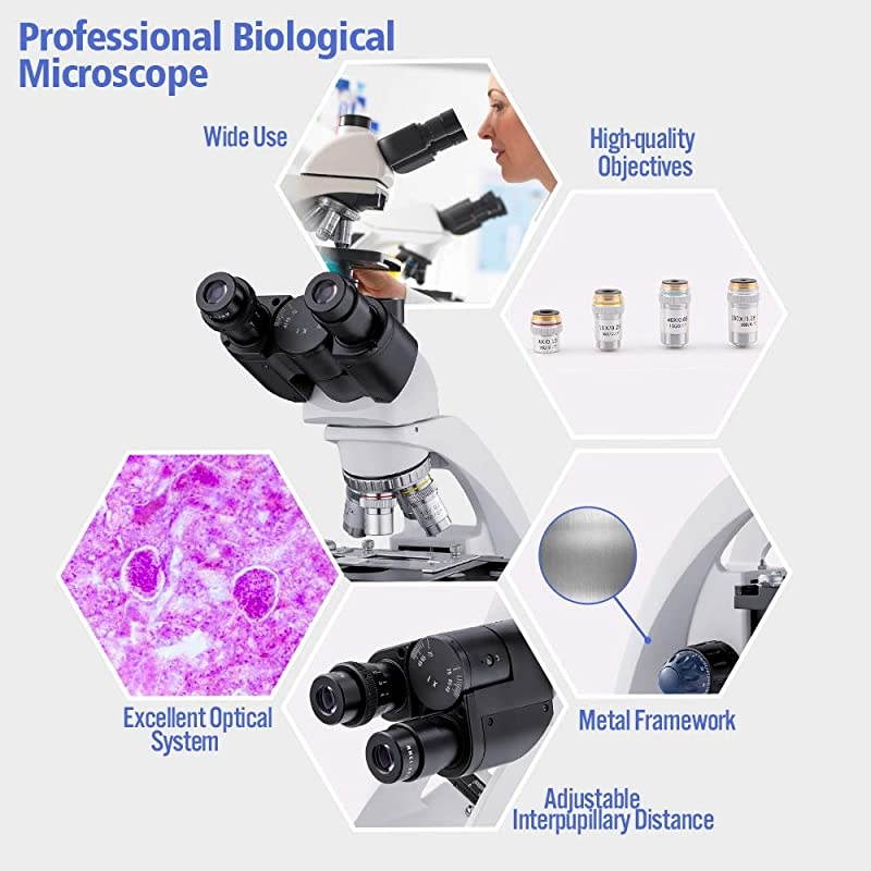 Microscope Compound 40X-1600X, LED Illumination, Double-Layer Mechanical Stage, Abbe Condenser