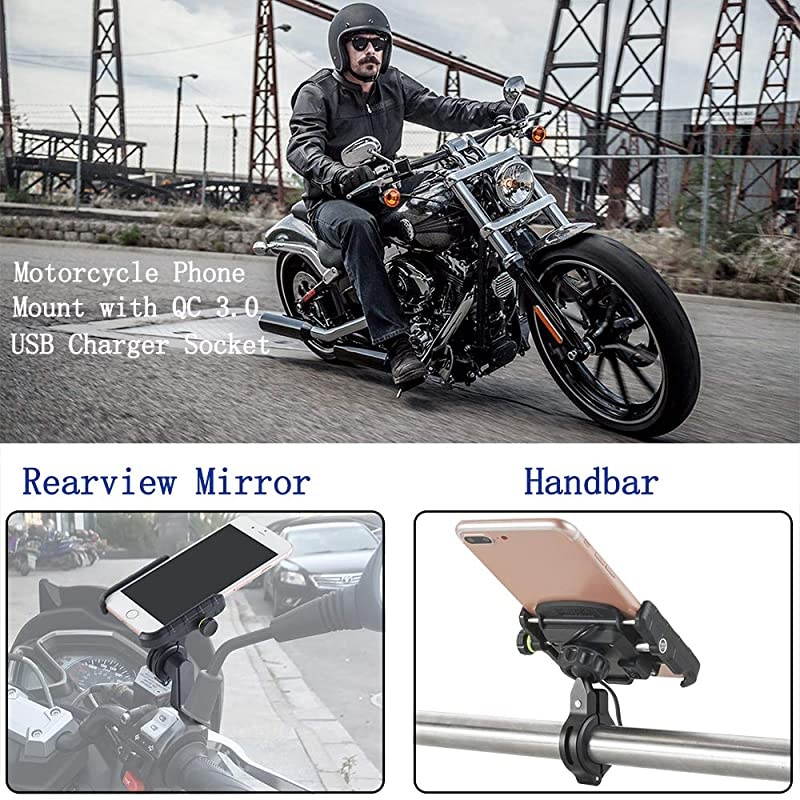 Motorcycle Phone Mount Charger USB 30 Socket Handlebar RearView Mirror Cellphone Holder Charger with Aluminium Mount Base for 12V24V Vehicles Compatible with 4065 Inch Smartphones