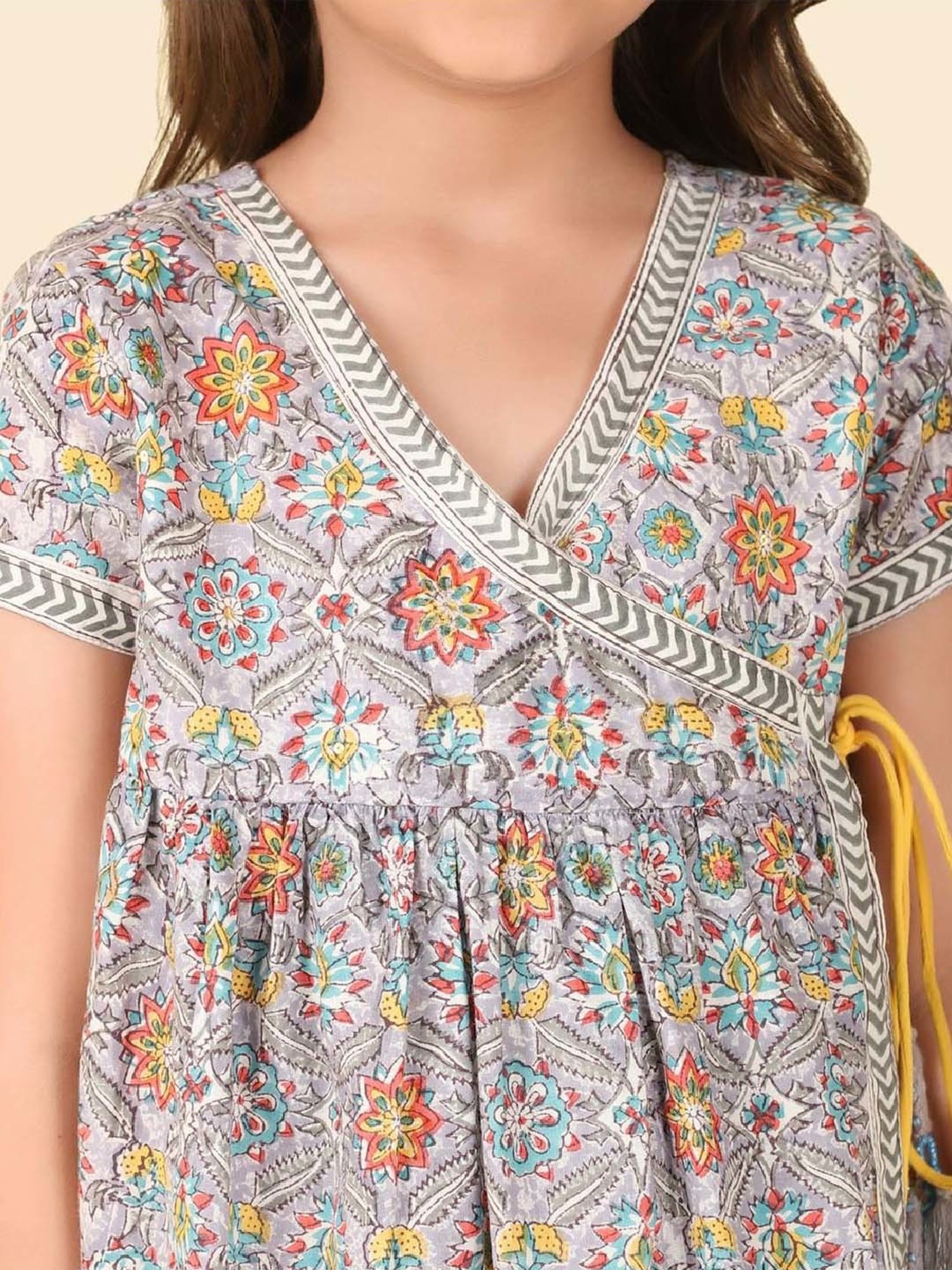 Fabindia Kids Grey & Yellow Cotton Printed Kurta Churidar Set