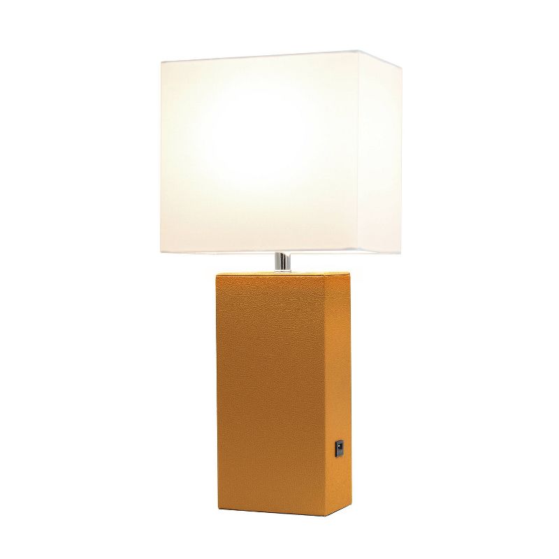 Modern Leather Table Lamp with USB and Fabric Shade Tan - Elegant Designs