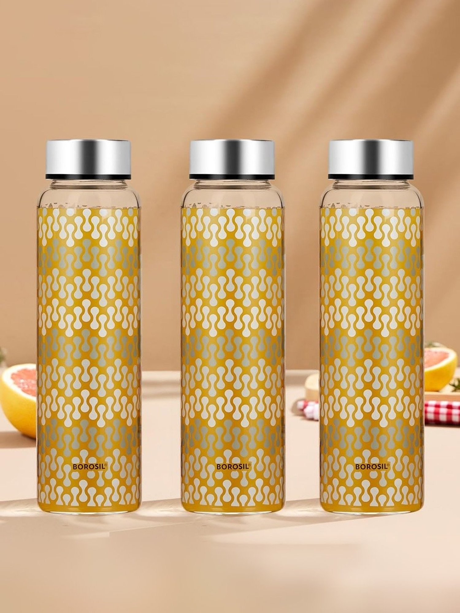 Borosil Water Bottle with Fridge Safe & Leakproof Set of 3 (Transparent, 1000 ml)