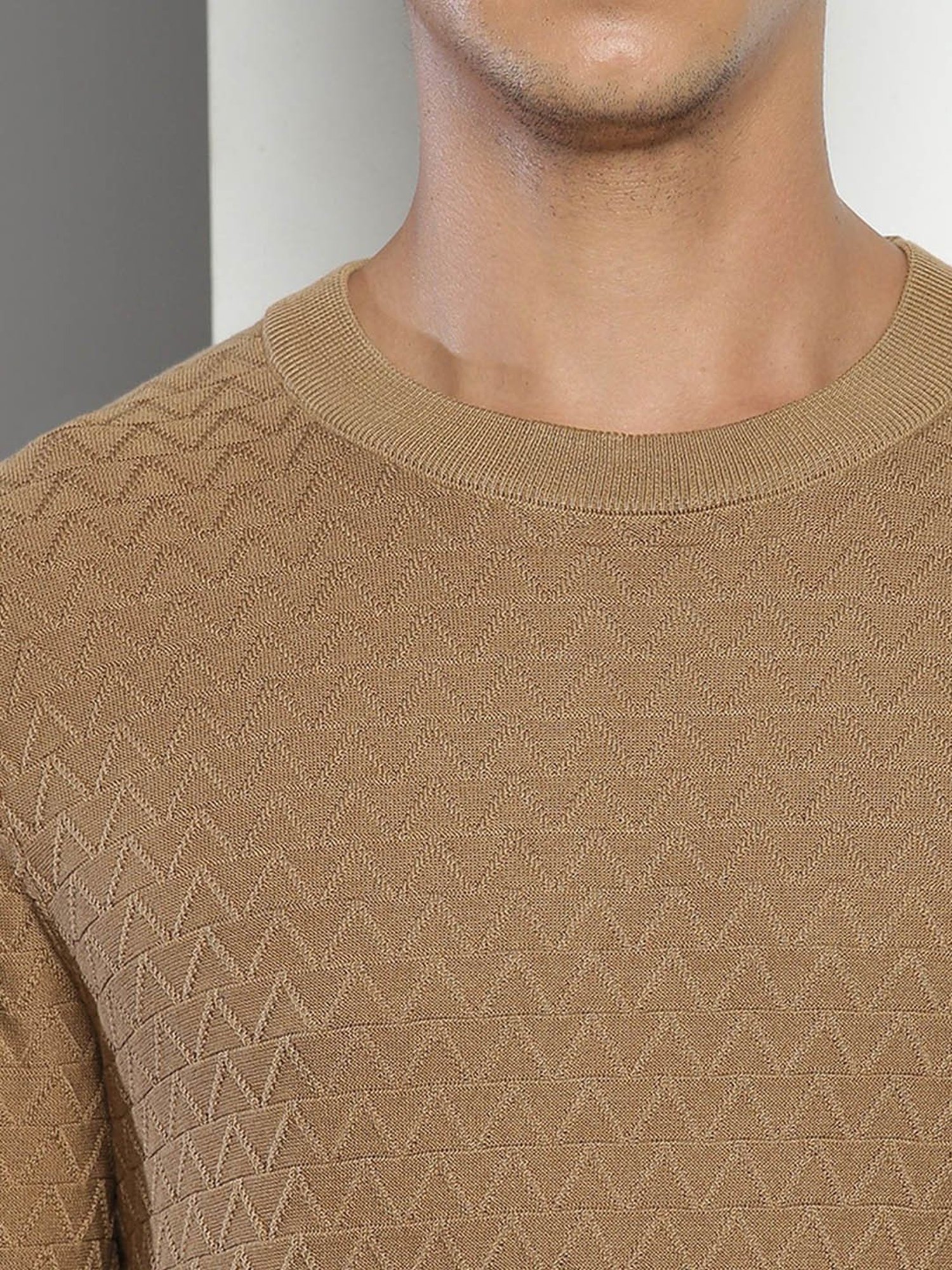 Tommy Hilfiger Beige Cotton Regular Fit Self Pattern Sweater