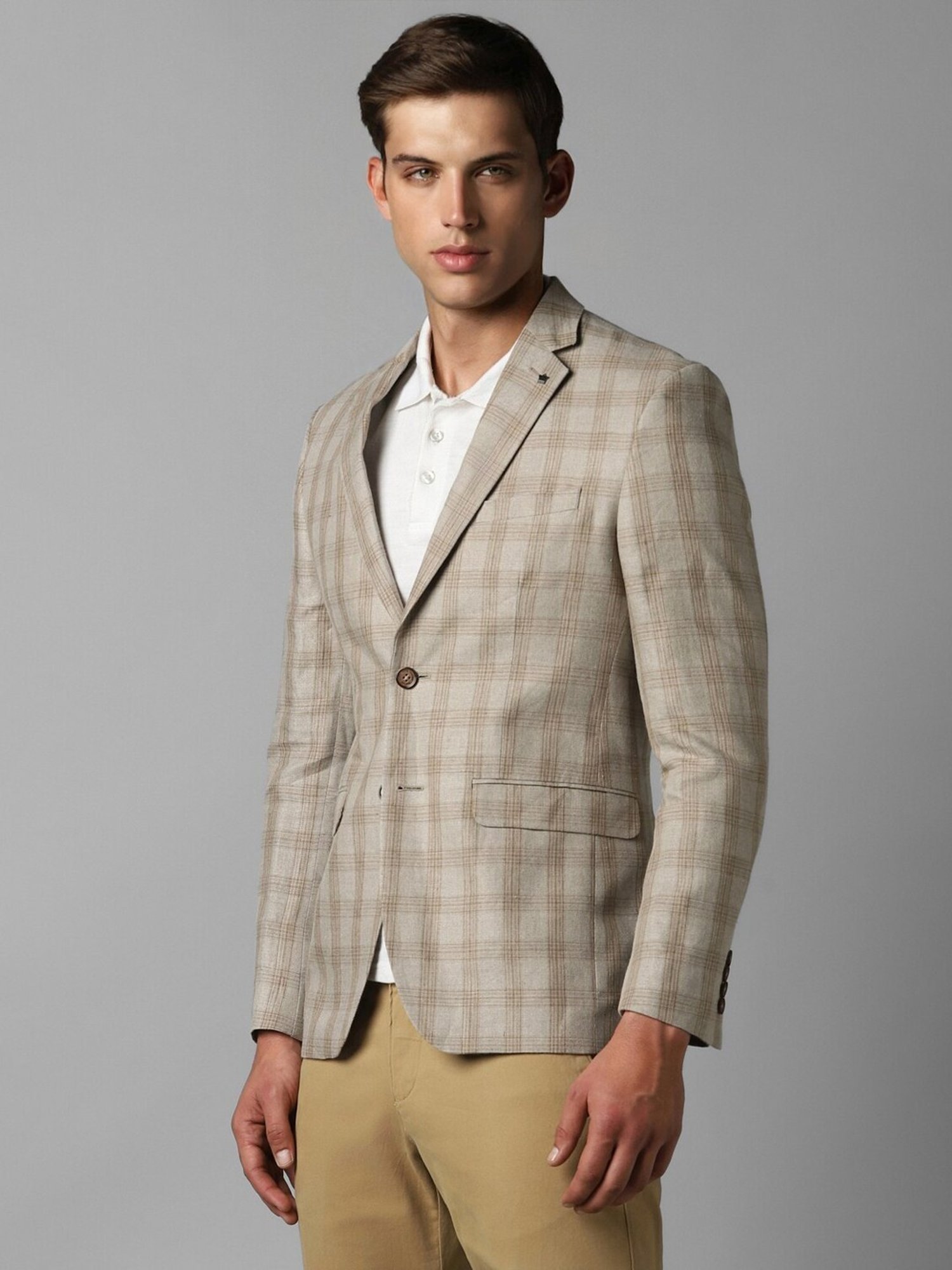 Louis Philippe Beige Linen Slim Fit Checks Blazer